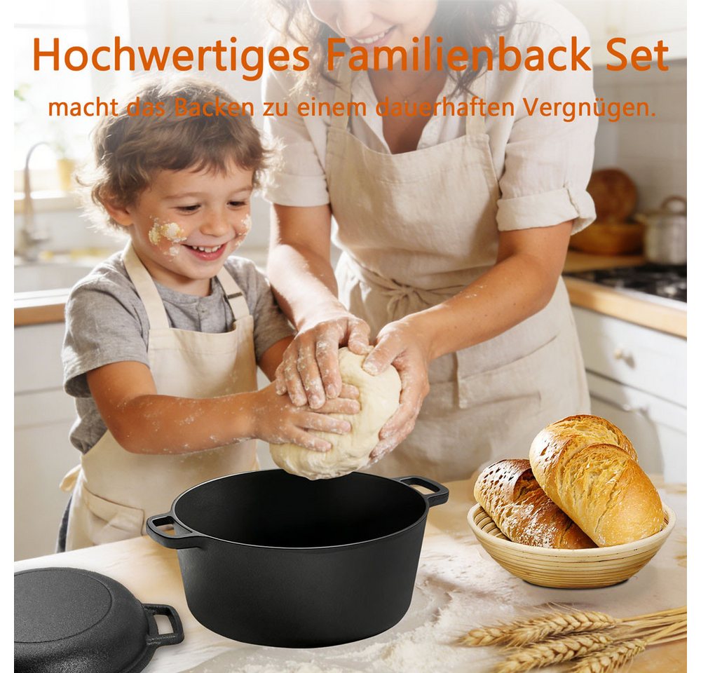PFCTART Brotbackform Brotbackset mit Gusseisen Brotbacktopf 26 cm & Gärkörbchen, (Set 11-tlg), Dutch Oven mit Banneton Set für Sauerteigbrot & Brotbacken