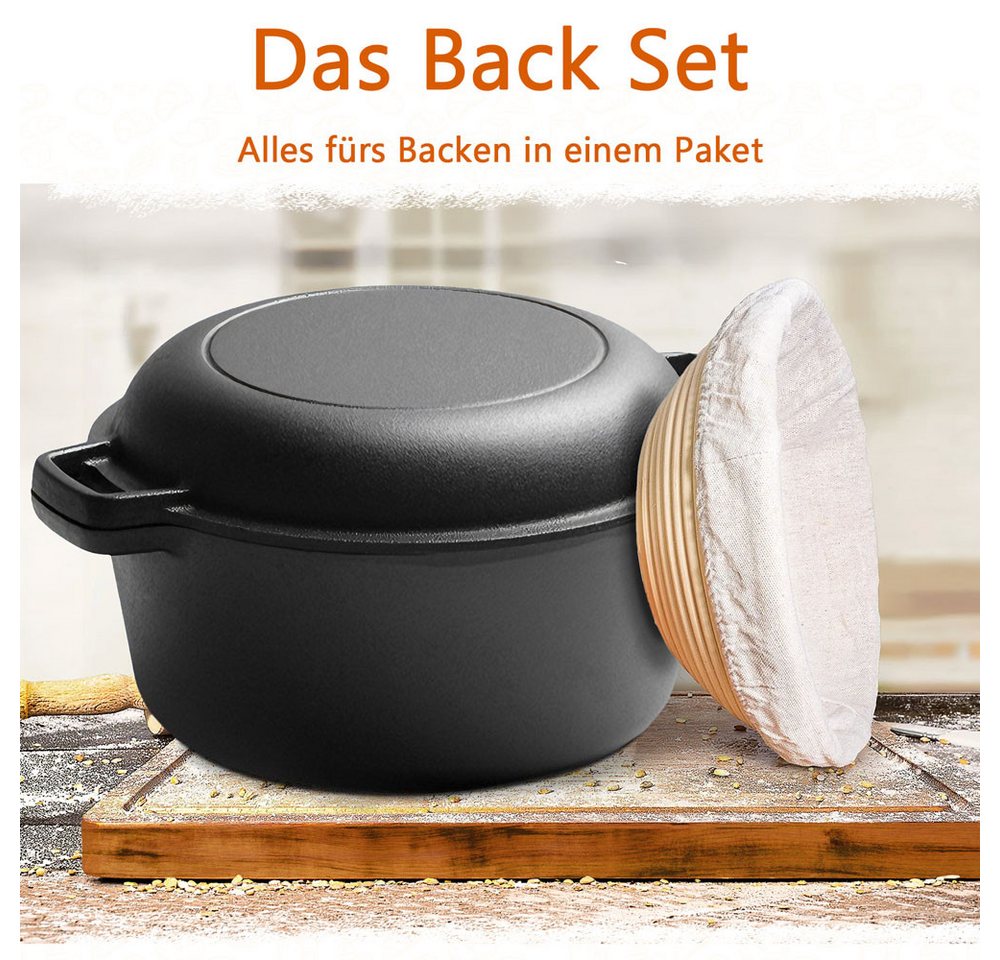 PFCTART Brotbackform Brotbackset mit Gusseisen Brotbacktopf 26 cm & Gärkörbchen, (Set 11-tlg), Dutch Oven mit Banneton Set für Sauerteigbrot & Brotbacken Bild 2