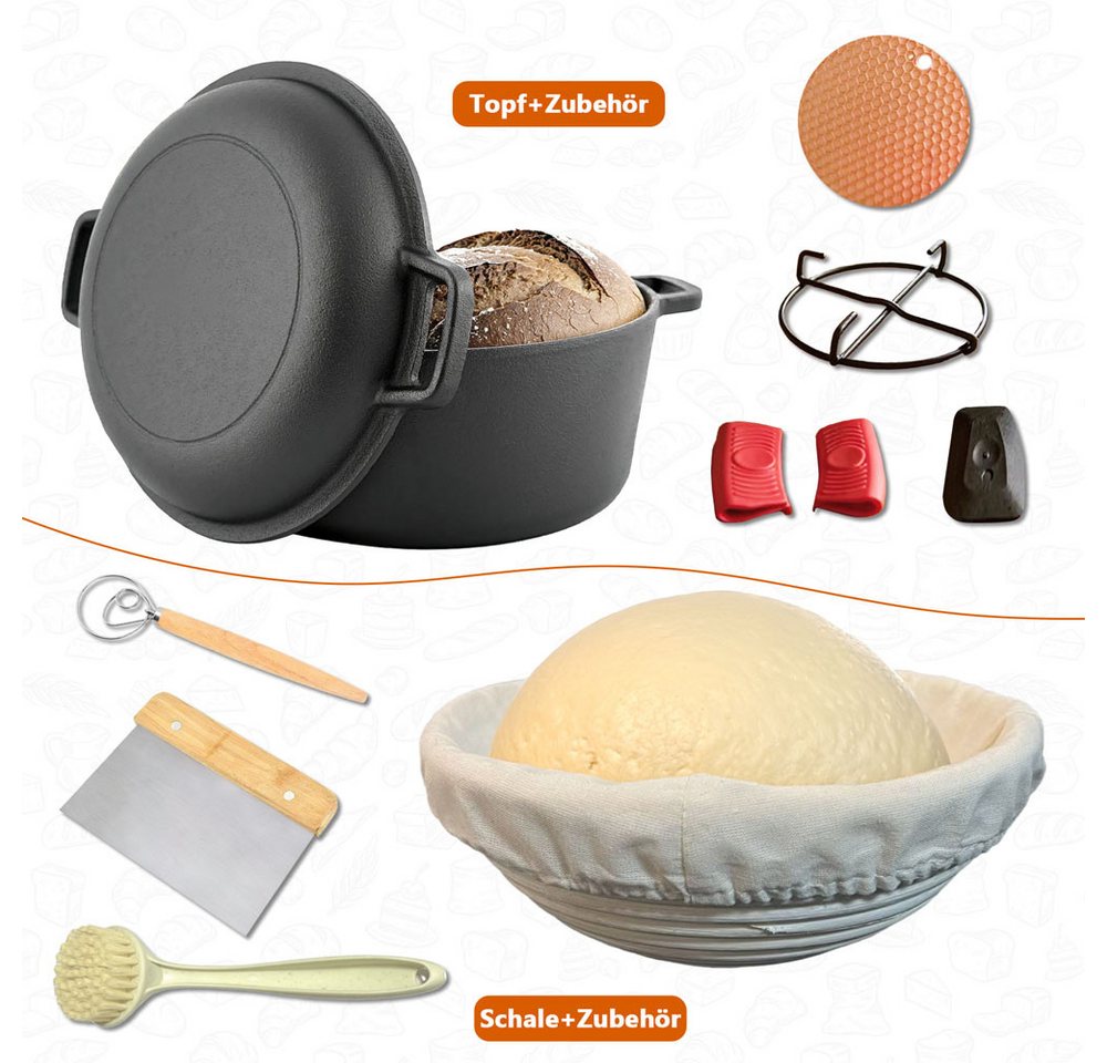 PFCTART Brotbackform Brotbackset mit Gusseisen Brotbacktopf 26 cm & Gärkörbchen, (Set 11-tlg), Dutch Oven mit Banneton Set für Sauerteigbrot & Brotbacken Bild 4