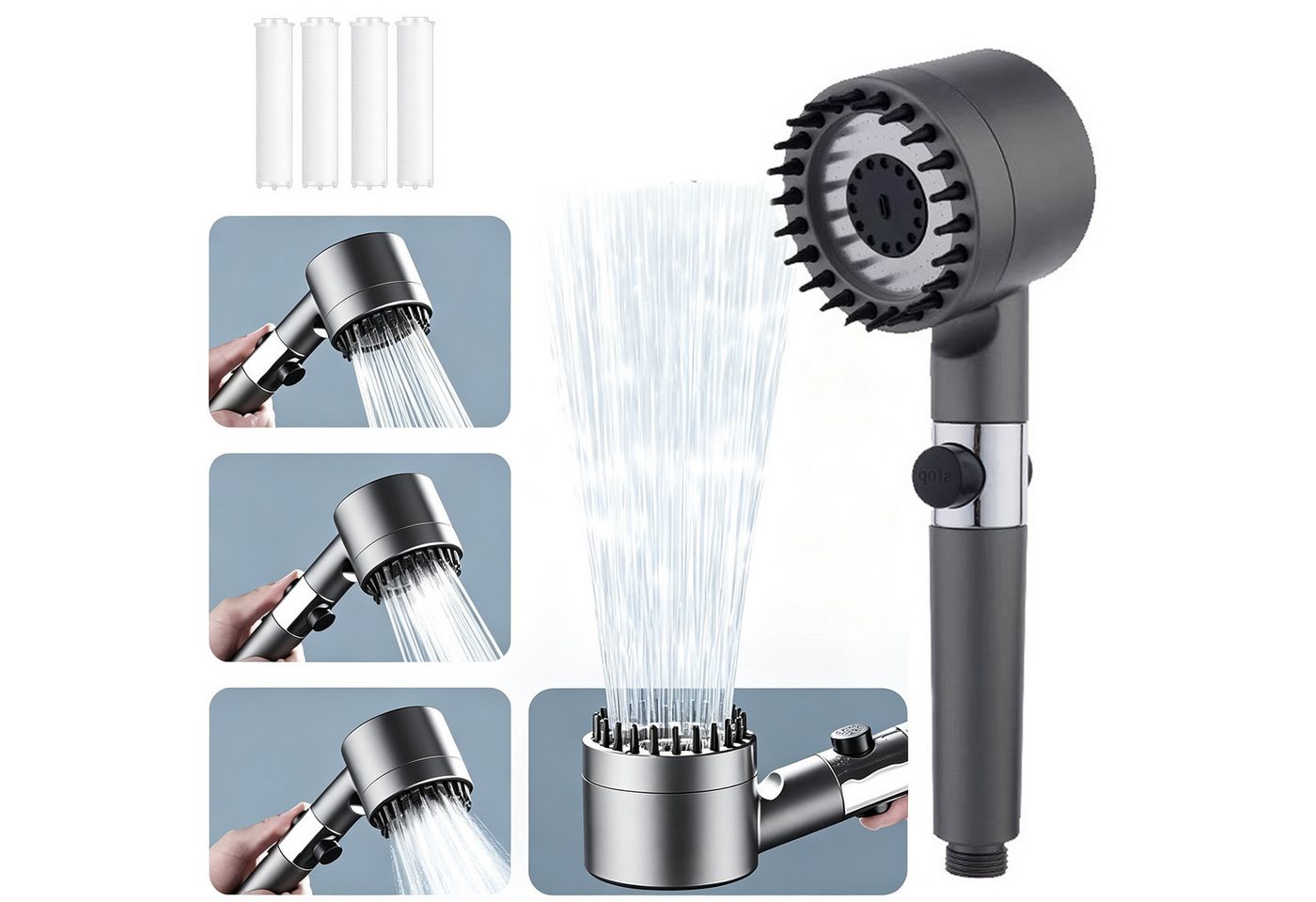 BOOD Handbrause Hochdruck-Duschkopf mit Filter und Ein-Knopf-Stoppfunktion,3 Modi, (Packung), Packungsinhalt Schwarz1: 1 Handbrause+4 Filterwatten Bild 3