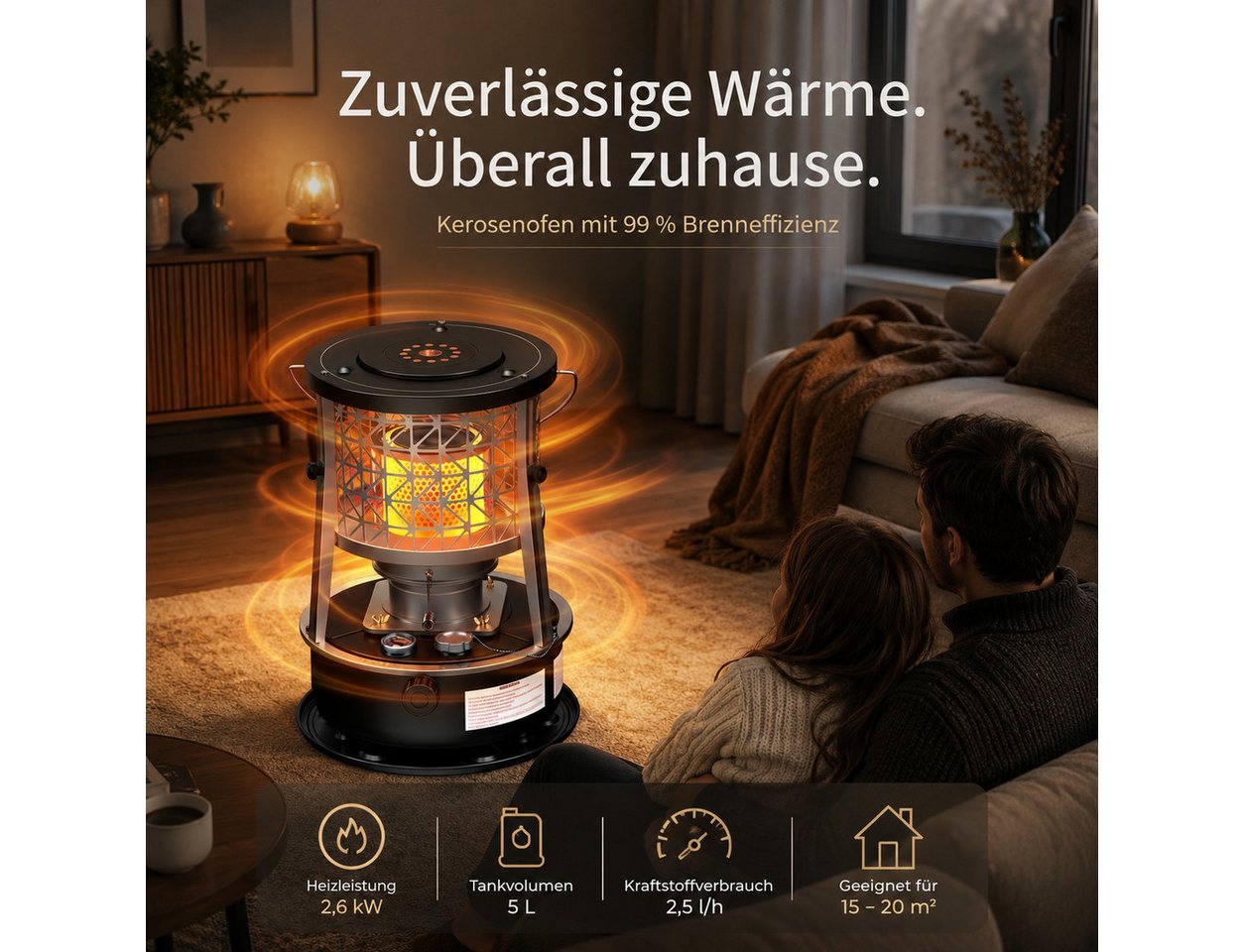 GLIESE POWER Petroleumheizung R95 – tragbar, 2600W, 5L Tank, 12,5h Brenndauer für Camping & Notfall, 2600 W, Kein Strom, 2600 W, 5 L Tank, 12,5 h, faltbar & vielseitig. Bild 4