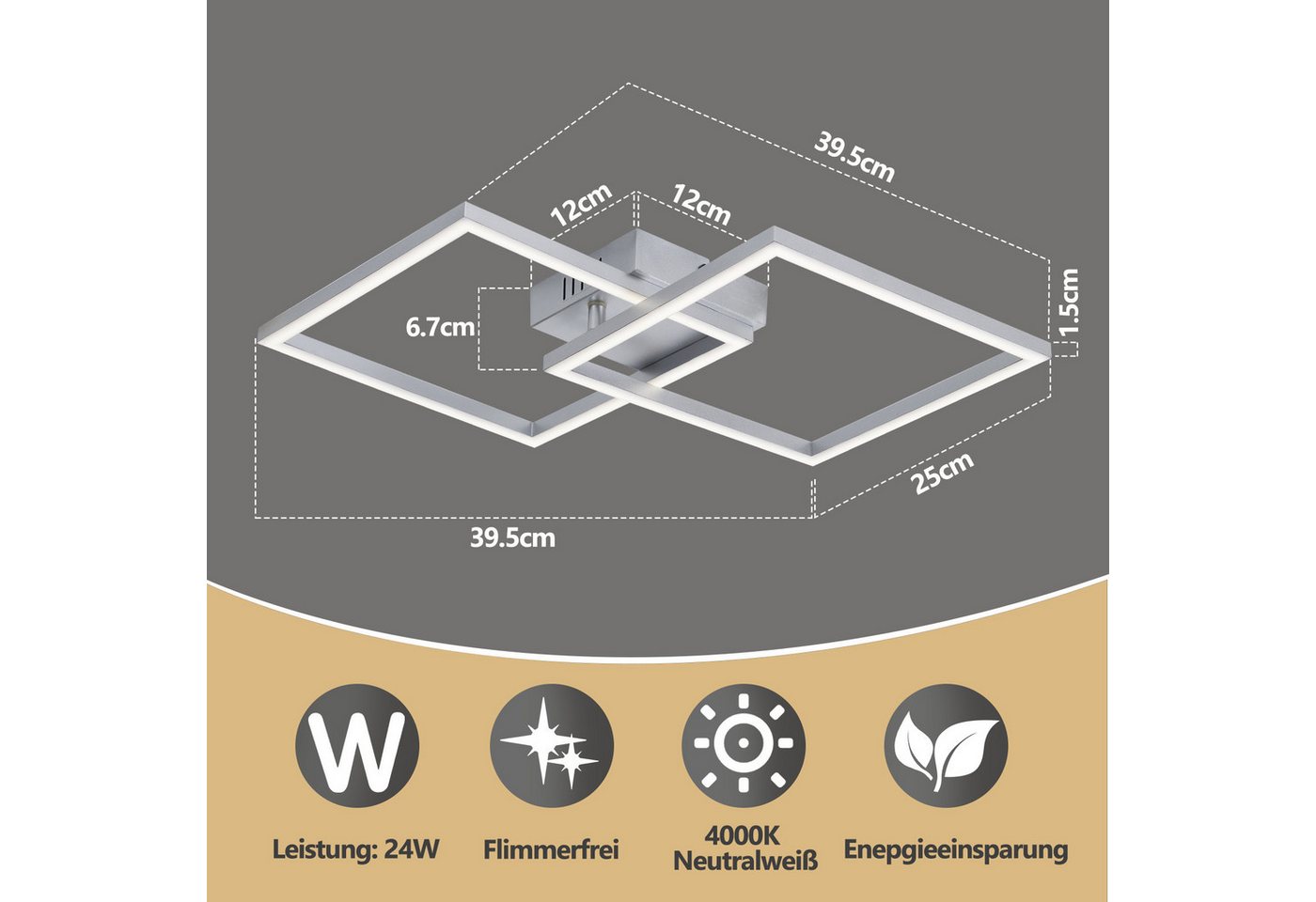 ZMH LED Deckenleuchte Deckenlampe Moderne 24W 40cm Wohnzimmer Schlafzimmer Esszimmer, Augenschutz, Einfache Installtion, LED fest integriert, Warmweiß, 24W Esszimmerlampe Eckig für Kinderzimmer Bild 5