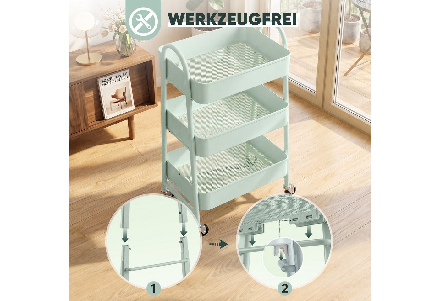 Sekey Küchenwagen Servierwagen mit Rollen Beistellwagen mit 3 Ablageebenen aus Metall, Werkzeuglose Montage mit Klick-System, 2 Körben & 4 Haken Bild 3