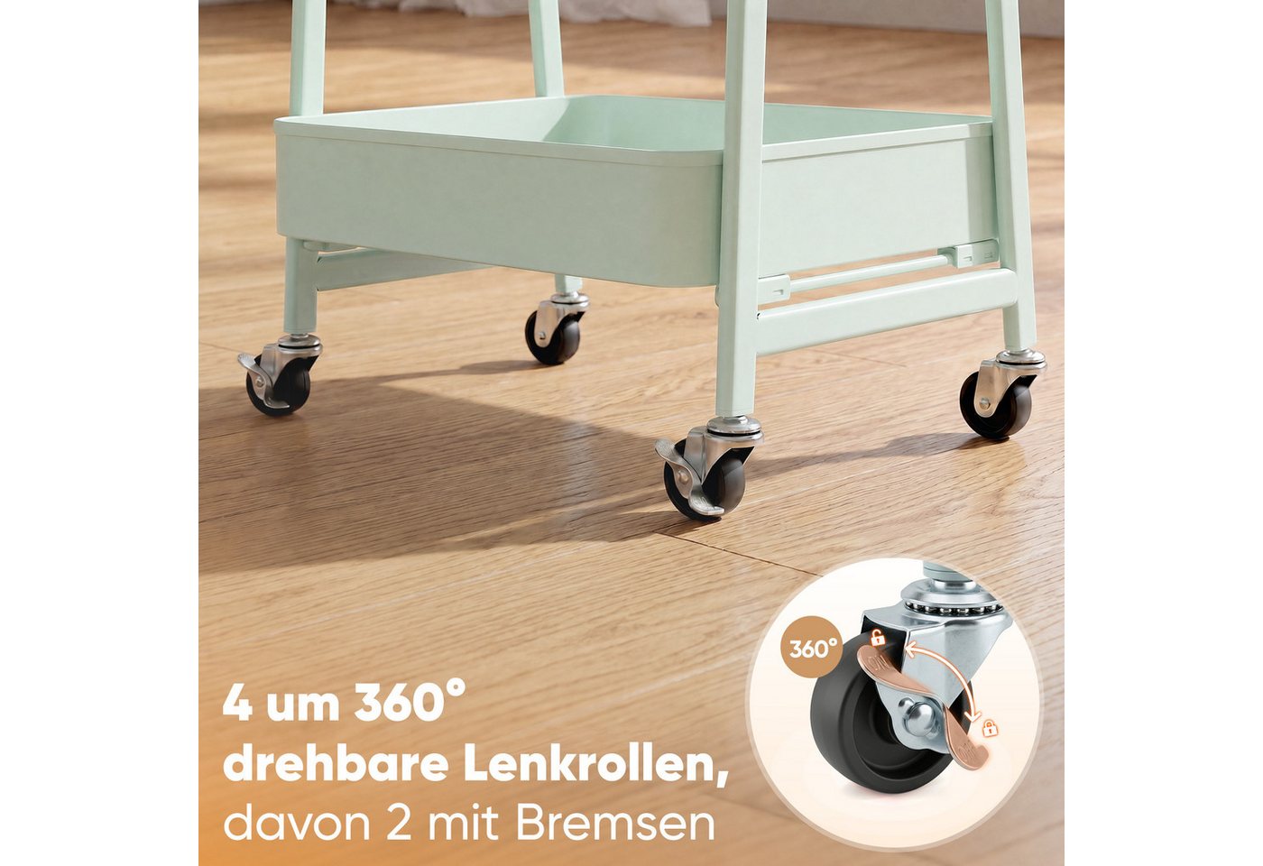 Sekey Küchenwagen Servierwagen mit Rollen Beistellwagen mit 3 Ablageebenen aus Metall, Werkzeuglose Montage mit Klick-System, 2 Körben & 4 Haken Bild 4