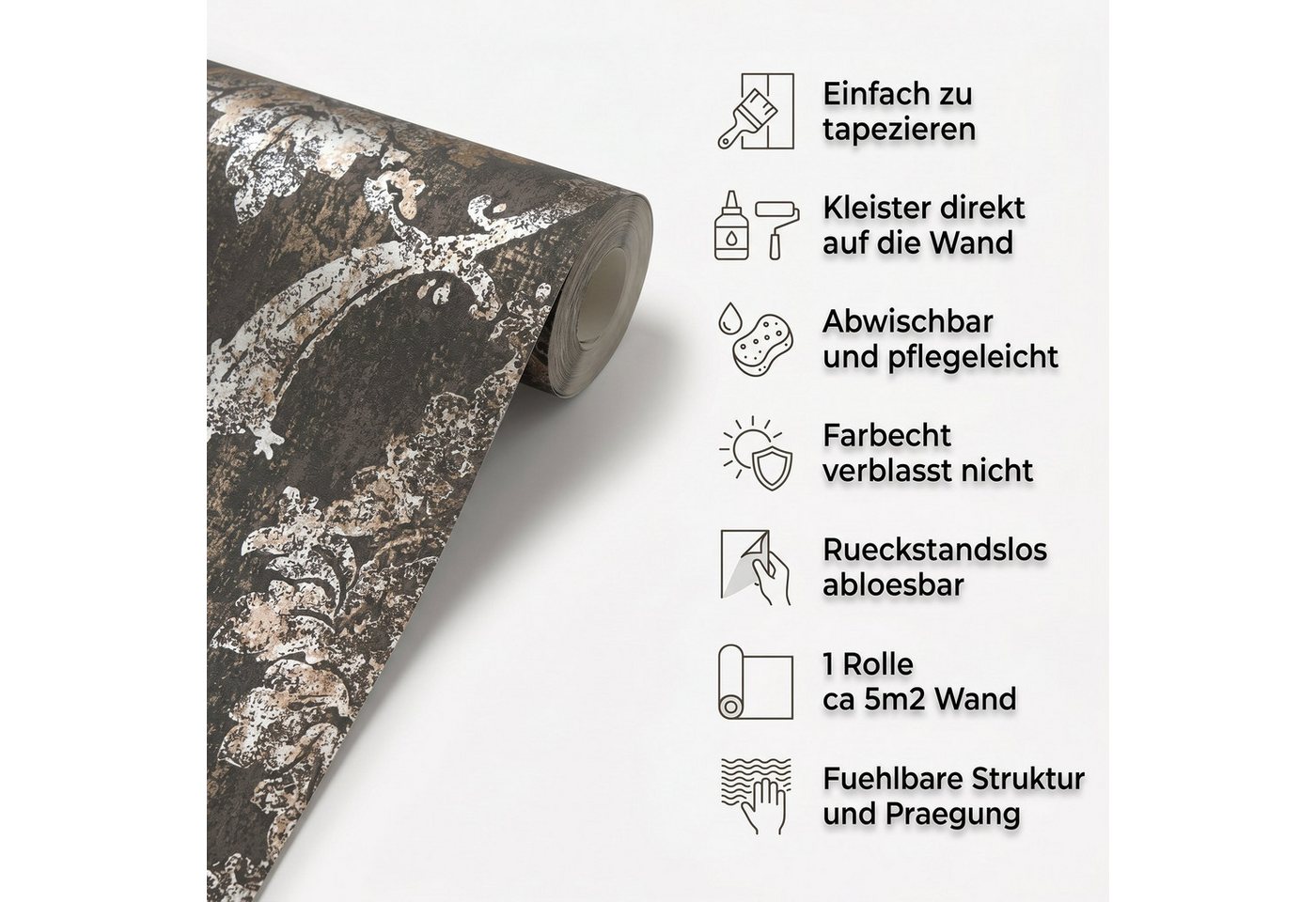 Newroom Vliestapete Xelora Schwarz Tapete Vliestapete Barock, Ornament, Metallic, strukturiert, Mustertapete