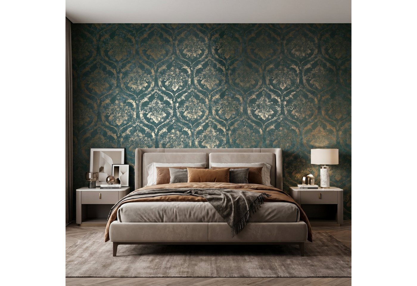 Newroom Vliestapete Xelora Grün Tapete Vliestapete Barock, Ornament, Metallic, strukturiert, Mustertapete