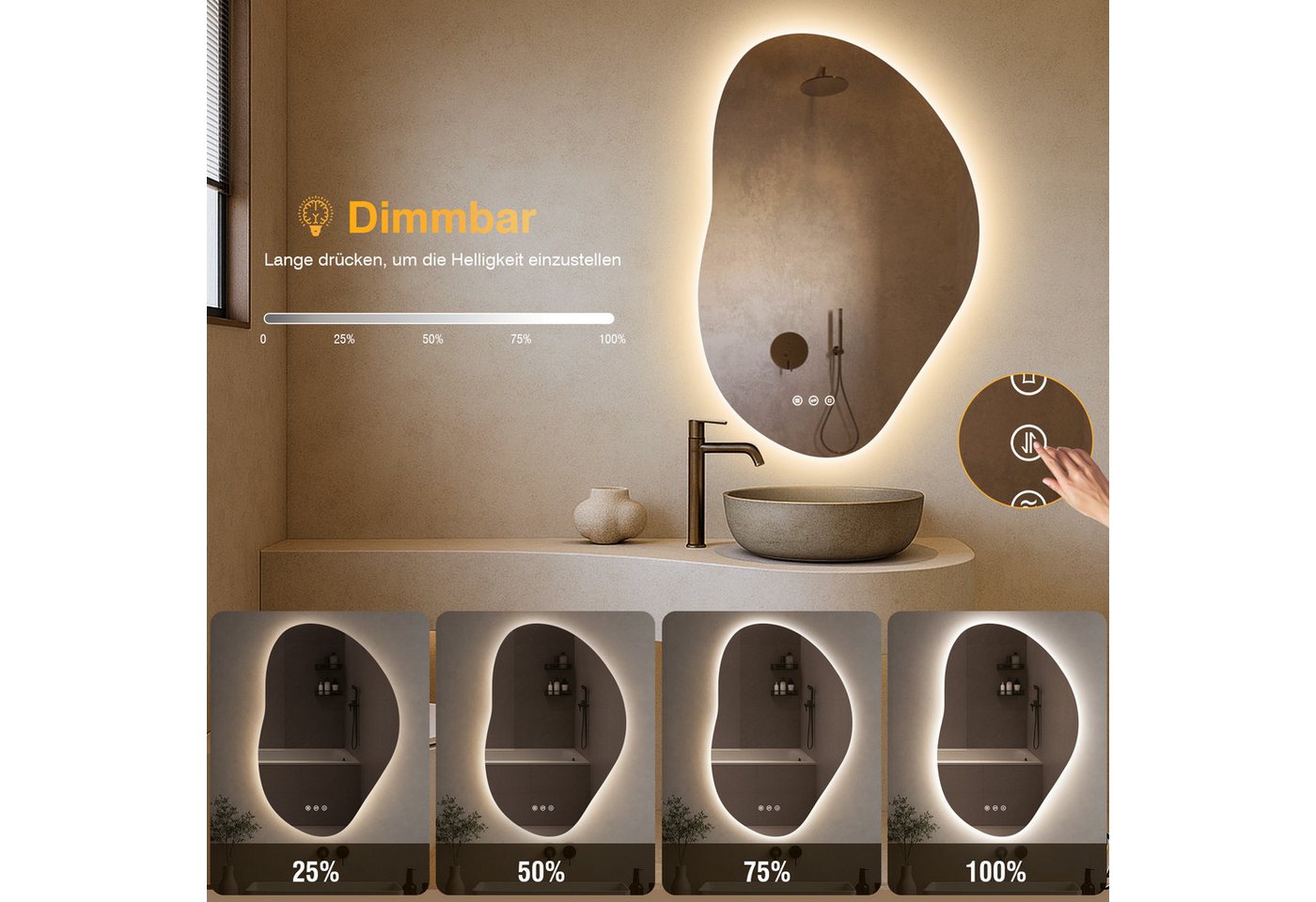 PESENXAN Badspiegel mit Beleuchtung, Touch-Schalter, 3 Lichtfarbe, Dimmbar, 80x 53cm (1-St), Beleuchtung, Touch-Schalter, 3 Lichtfarben