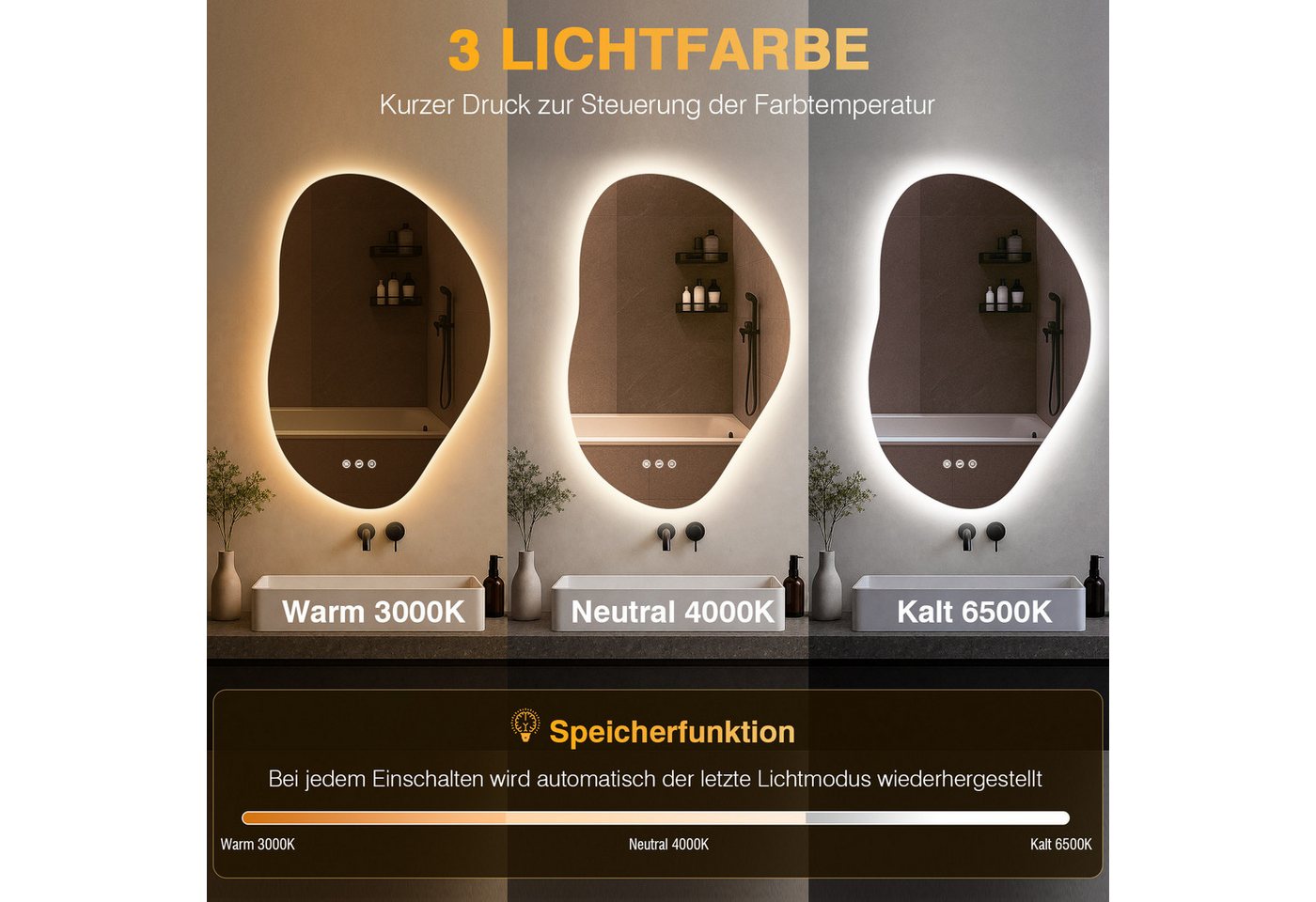 PESENXAN Badspiegel mit Beleuchtung, Touch-Schalter, 3 Lichtfarbe, Dimmbar, 80x 53cm (1-St), Beleuchtung, Touch-Schalter, 3 Lichtfarben Bild 3