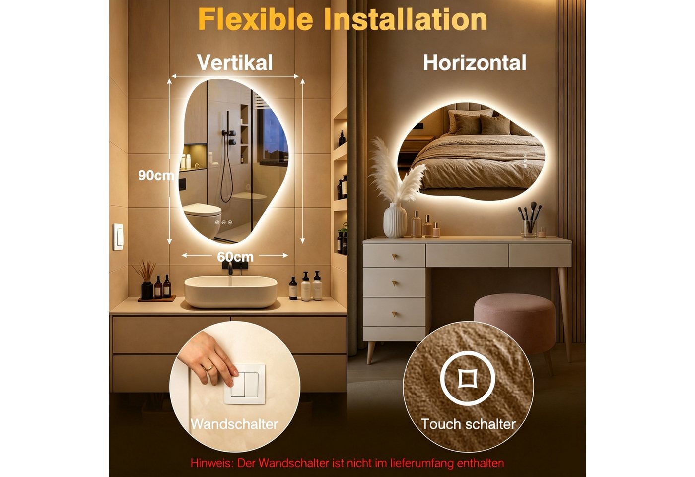 PESENXAN Badspiegel mit Beleuchtung, Touch-Schalter, 3 Lichtfarbe, Dimmbar, 80x 53cm (1-St), Beleuchtung, Touch-Schalter, 3 Lichtfarben Bild 5