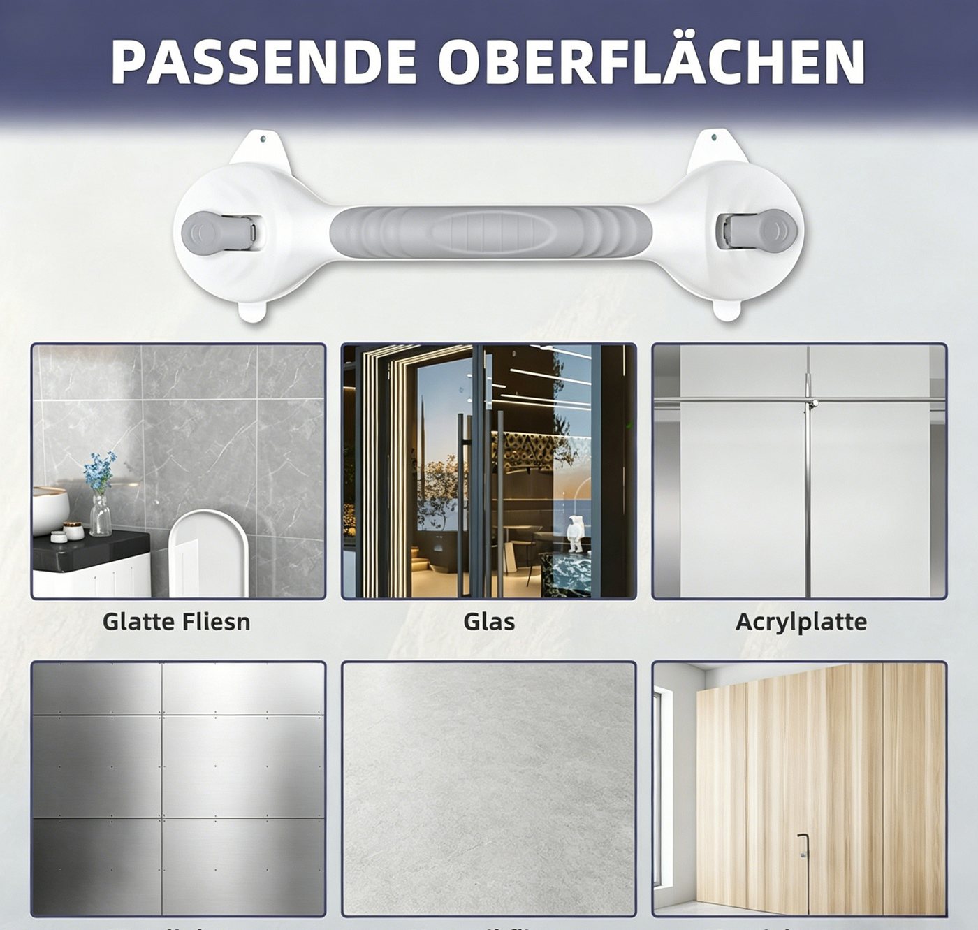 AKKEE Haltegriff 2 Haltegriffe mit Saugnapf, Ohne Bohren, Duschgriff mit Saugnapf, 38cm