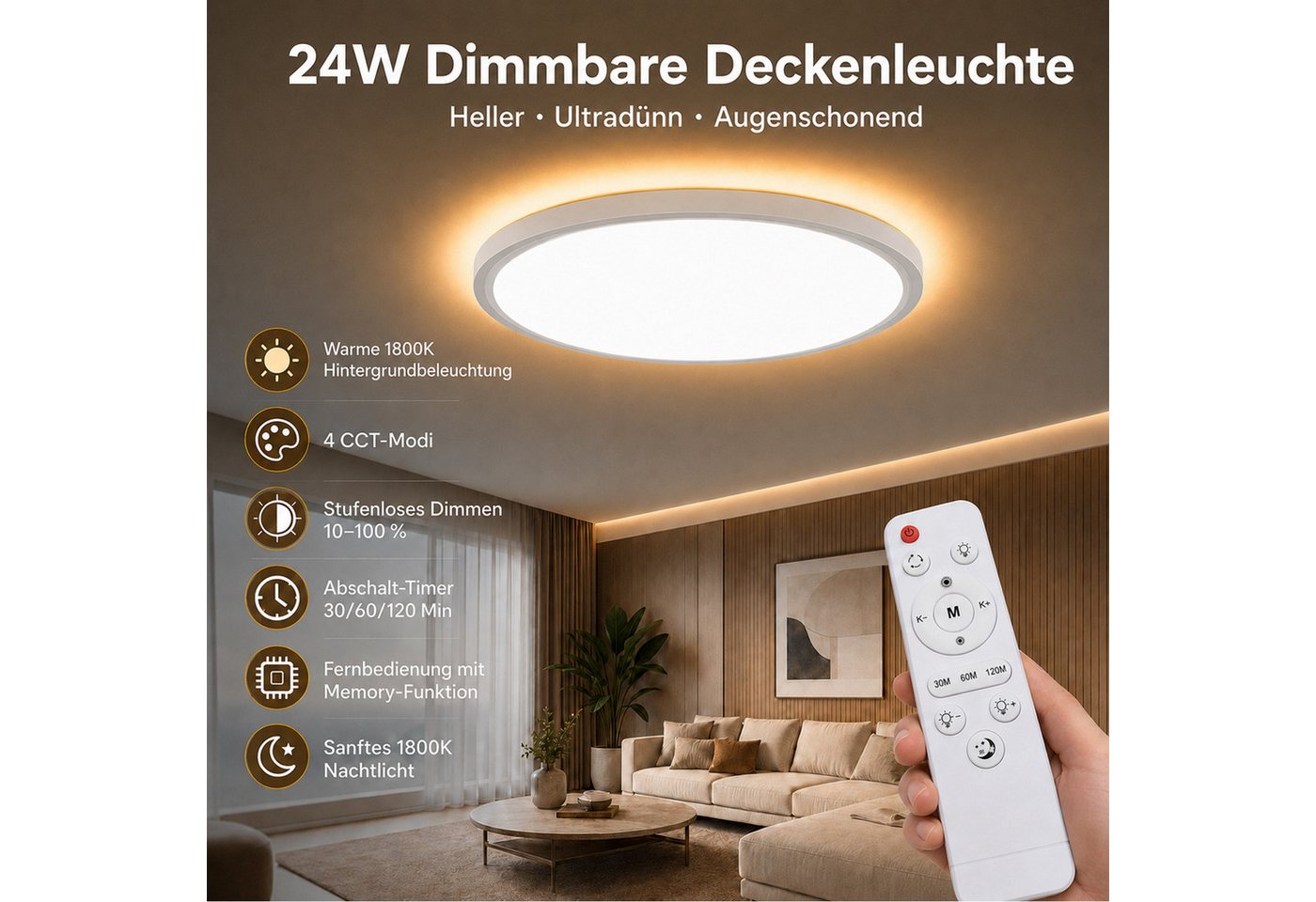 Rosnek LED Deckenleuchte Deckenlampe dimmbar mit Fernbedienung & Nachtlicht, LED fest integriert, 24W, Ø29 cm, 3000–6500K, Kunststoff, für Wohnraum, Büro & Küche Bild 2