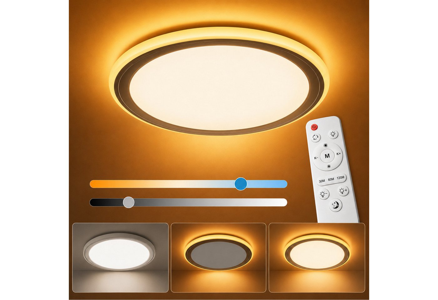 Rosnek LED Deckenleuchte Deckenlampe dimmbar mit Fernbedienung & Nachtlicht, LED fest integriert, 24W, Ø29 cm, 3000–6500K, Kunststoff, für Wohnraum, Büro & Küche Bild 3