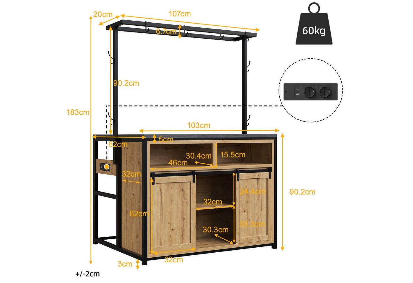 KLAM HOME Küchenbuffet Küchenschrank mit Arbeitsplatte & Stromanschluss, Schwarz/Holzoptik (Kücheninsel mit Hängeregal und integrierter USB-Steckdose) Stabiler Ablageschrank mit Metallgestell für die Küche