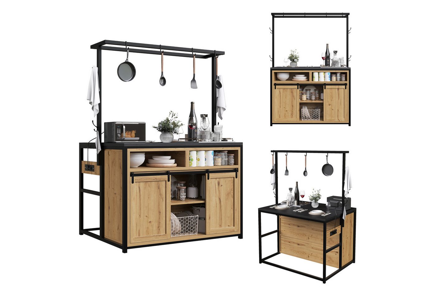 KLAM HOME Küchenbuffet Küchenschrank mit Arbeitsplatte & Stromanschluss, Schwarz/Holzoptik (Kücheninsel mit Hängeregal und integrierter USB-Steckdose) Stabiler Ablageschrank mit Metallgestell für die Küche Bild 2