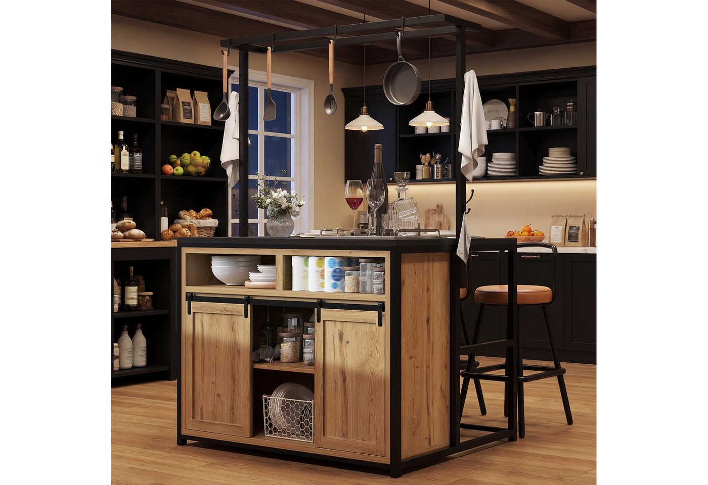 KLAM HOME Küchenbuffet Küchenschrank mit Arbeitsplatte & Stromanschluss, Schwarz/Holzoptik (Kücheninsel mit Hängeregal und integrierter USB-Steckdose) Stabiler Ablageschrank mit Metallgestell für die Küche Bild 3