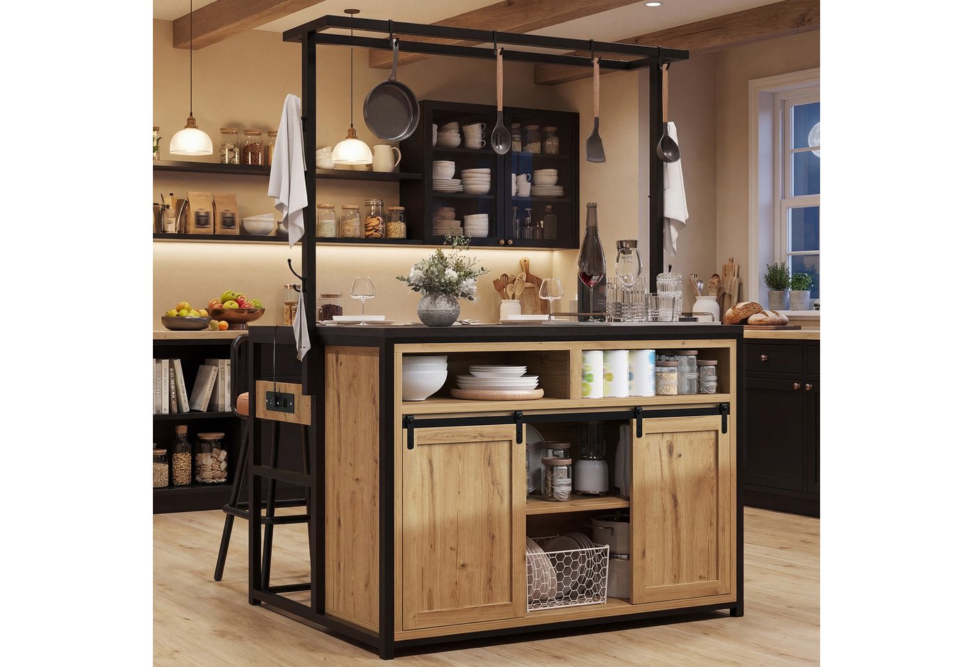 KLAM HOME Küchenbuffet Küchenschrank mit Arbeitsplatte & Stromanschluss, Schwarz/Holzoptik (Kücheninsel mit Hängeregal und integrierter USB-Steckdose) Stabiler Ablageschrank mit Metallgestell für die Küche Bild 4