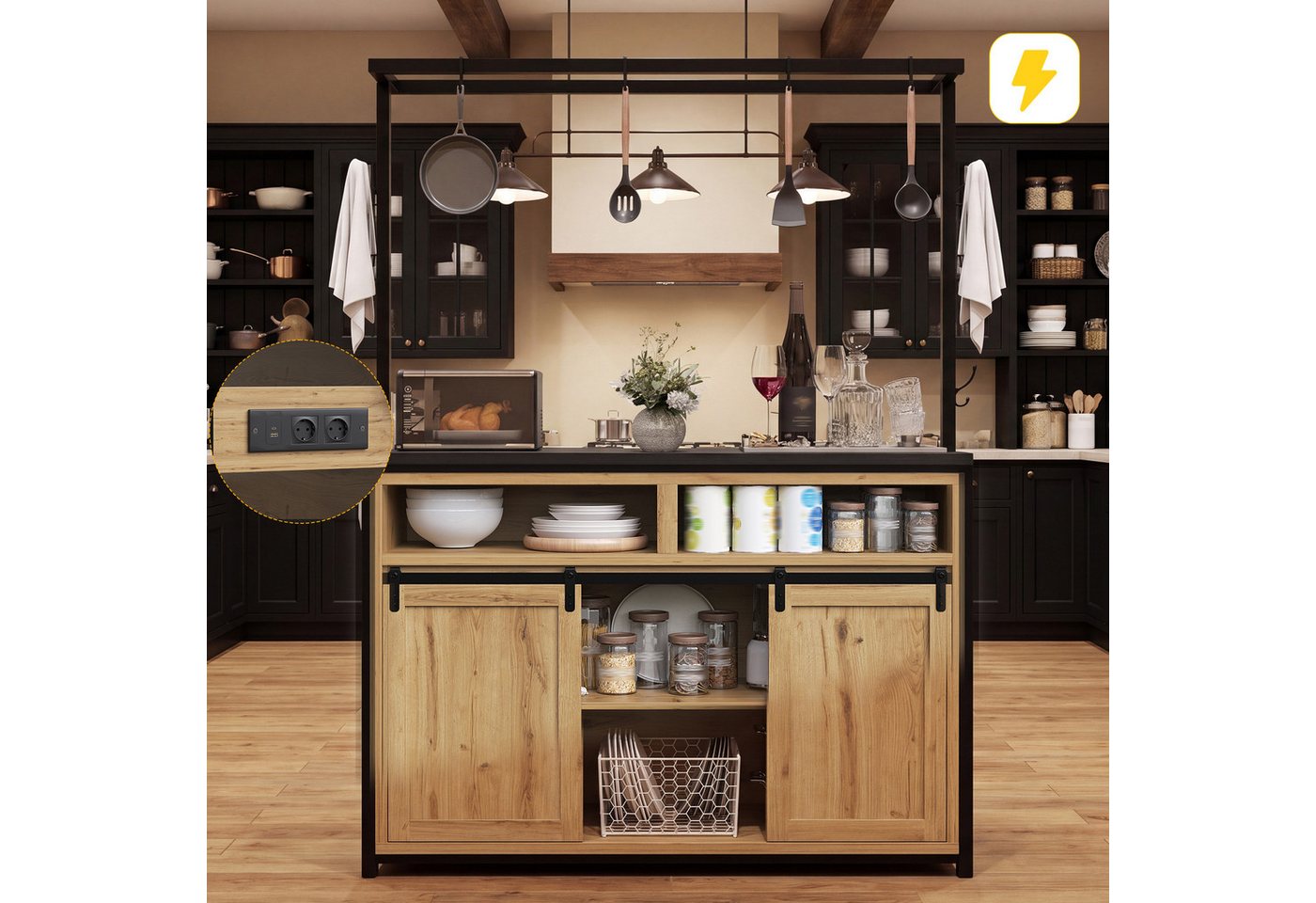KLAM HOME Küchenbuffet Küchenschrank mit Arbeitsplatte & Stromanschluss, Schwarz/Holzoptik (Kücheninsel mit Hängeregal und integrierter USB-Steckdose) Stabiler Ablageschrank mit Metallgestell für die Küche Bild 5