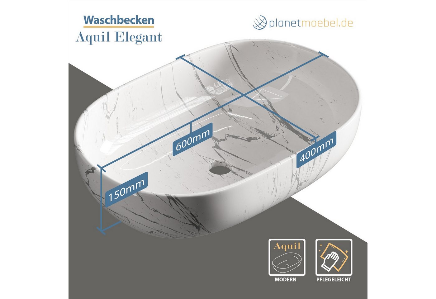 Planetmöbel Aufsatzwaschbecken Aquil Deluxe Badezimmer Waschbecken 60 cm oval für Waschtisch Bild 2