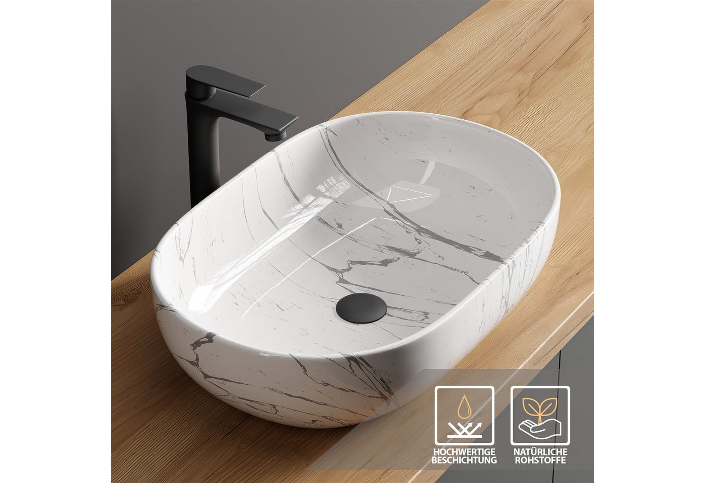 Planetmöbel Aufsatzwaschbecken Aquil Deluxe Badezimmer Waschbecken 60 cm oval für Waschtisch Bild 3