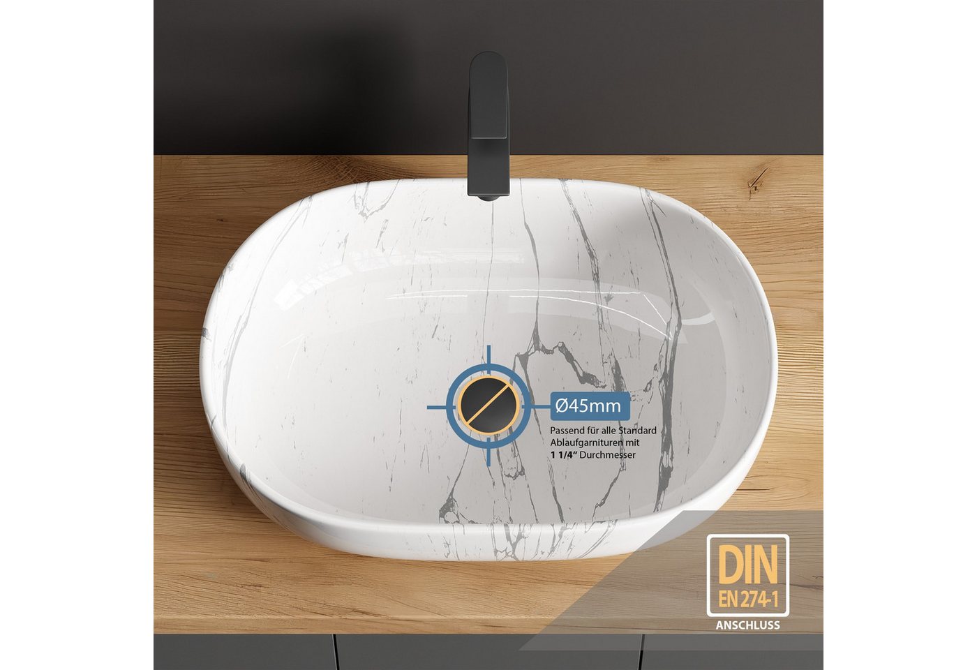 Planetmöbel Aufsatzwaschbecken Aquil Deluxe Badezimmer Waschbecken 60 cm oval für Waschtisch Bild 4