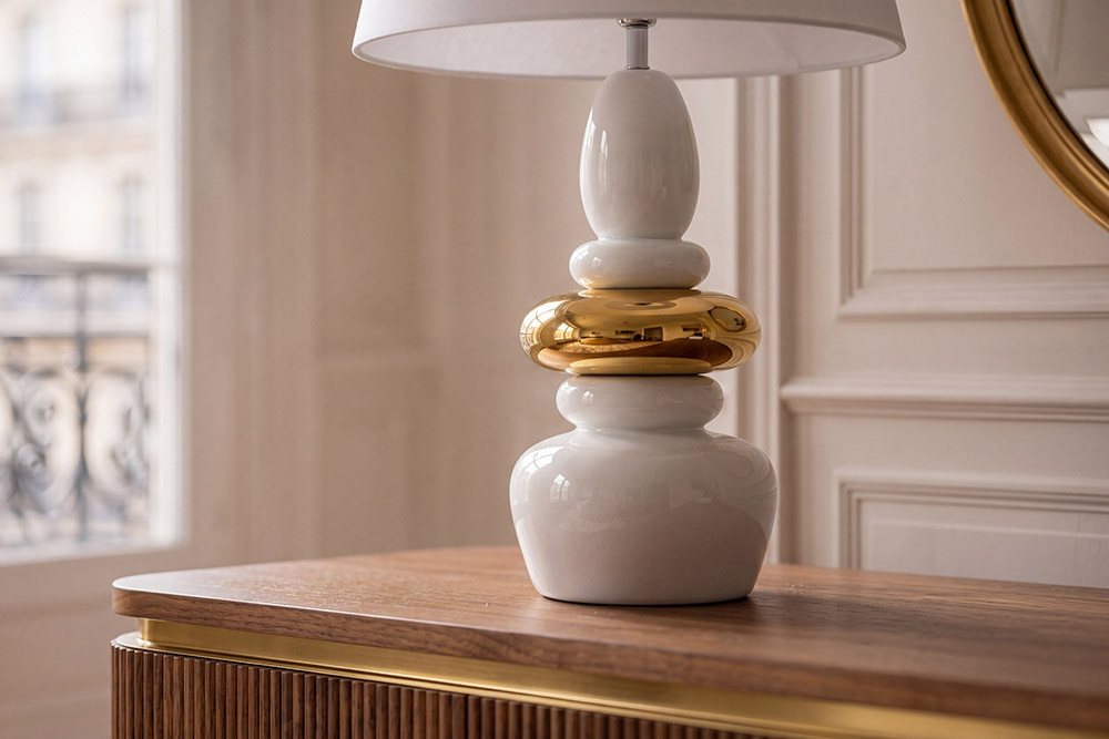 riess-ambiente Tischleuchte STONES OF ZEN 70cm weiß/gold - Stoffschirm, Kunststein, rund, Ein-/Ausschalter, ohne Leuchtmittel, mit dekorativem Steindesign – ideal für Deine Wohnräume