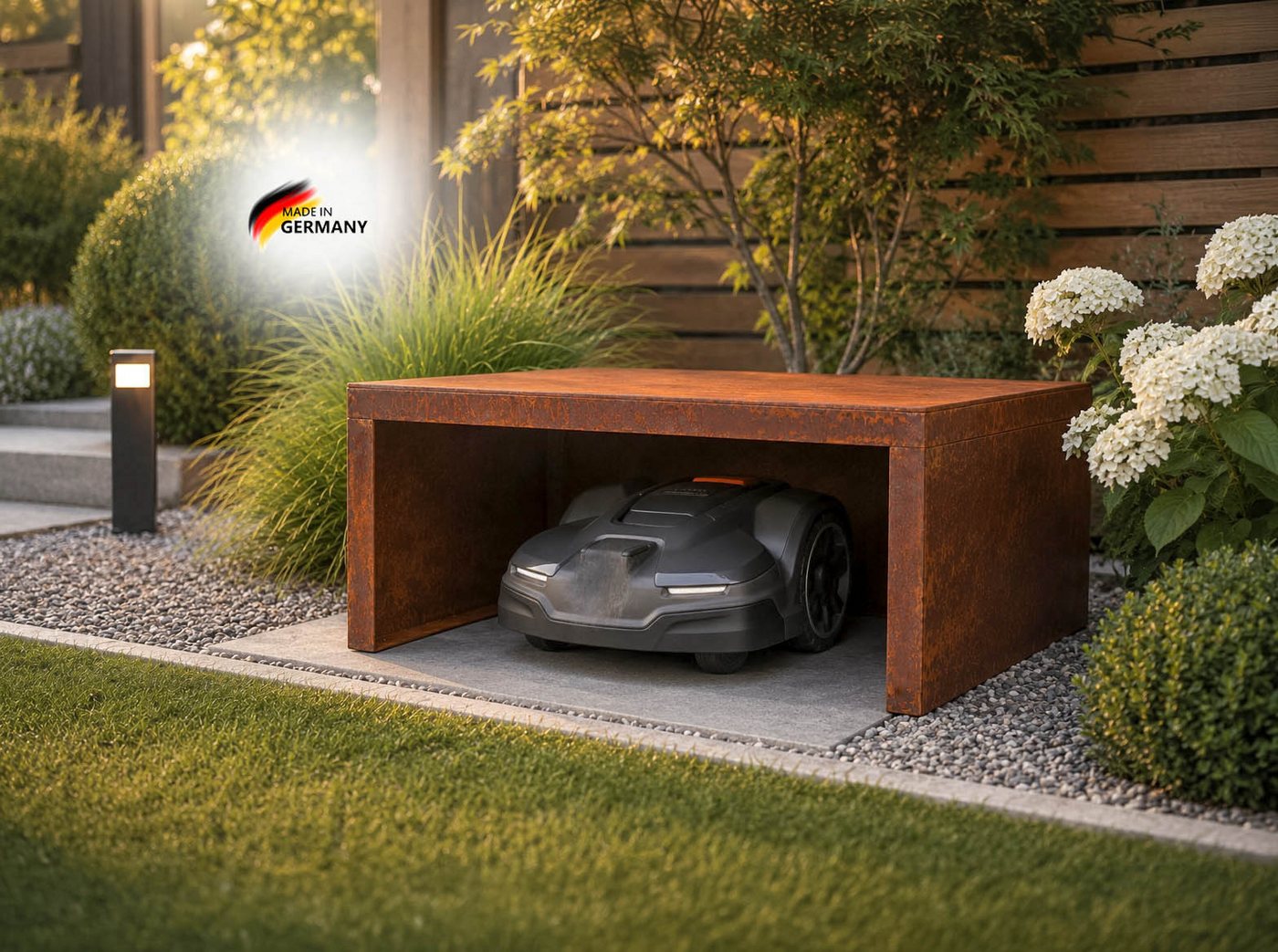 BADEKO Mähroboter-Garage aus Edelrost für den Garten 80x70x40 cm in hochwertiger Ausführung Bild 3