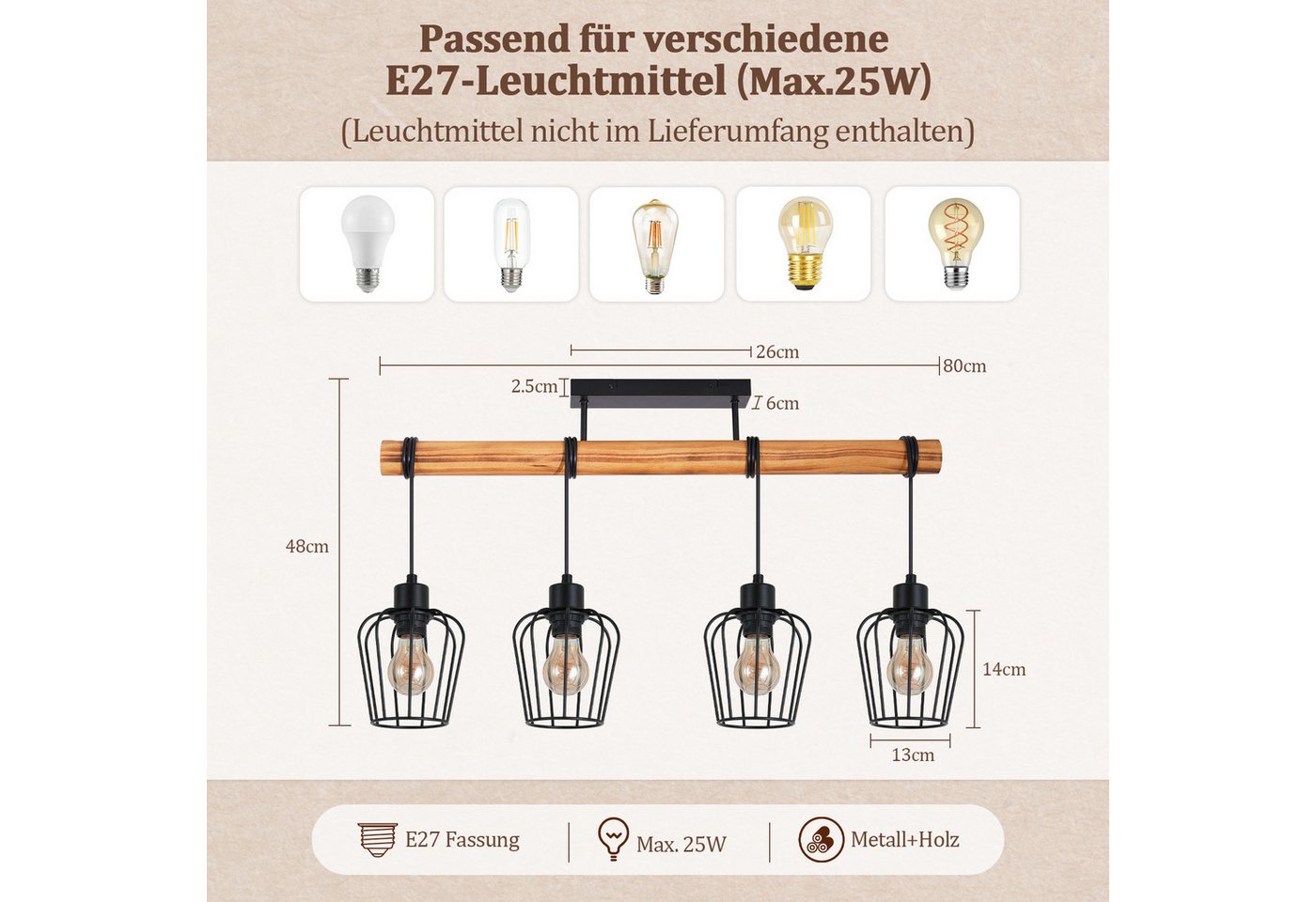 ZMH Deckenleuchte E27 Deckenlampe 2/3/4 Flammig Schwarz-Holz Wohnzimmer Esszimmer, Einfache Installation, ohne Leuchtmittel, Wohnzimmerlampe mit höhenverstellbaren Strahlern aus Metall Bild 4
