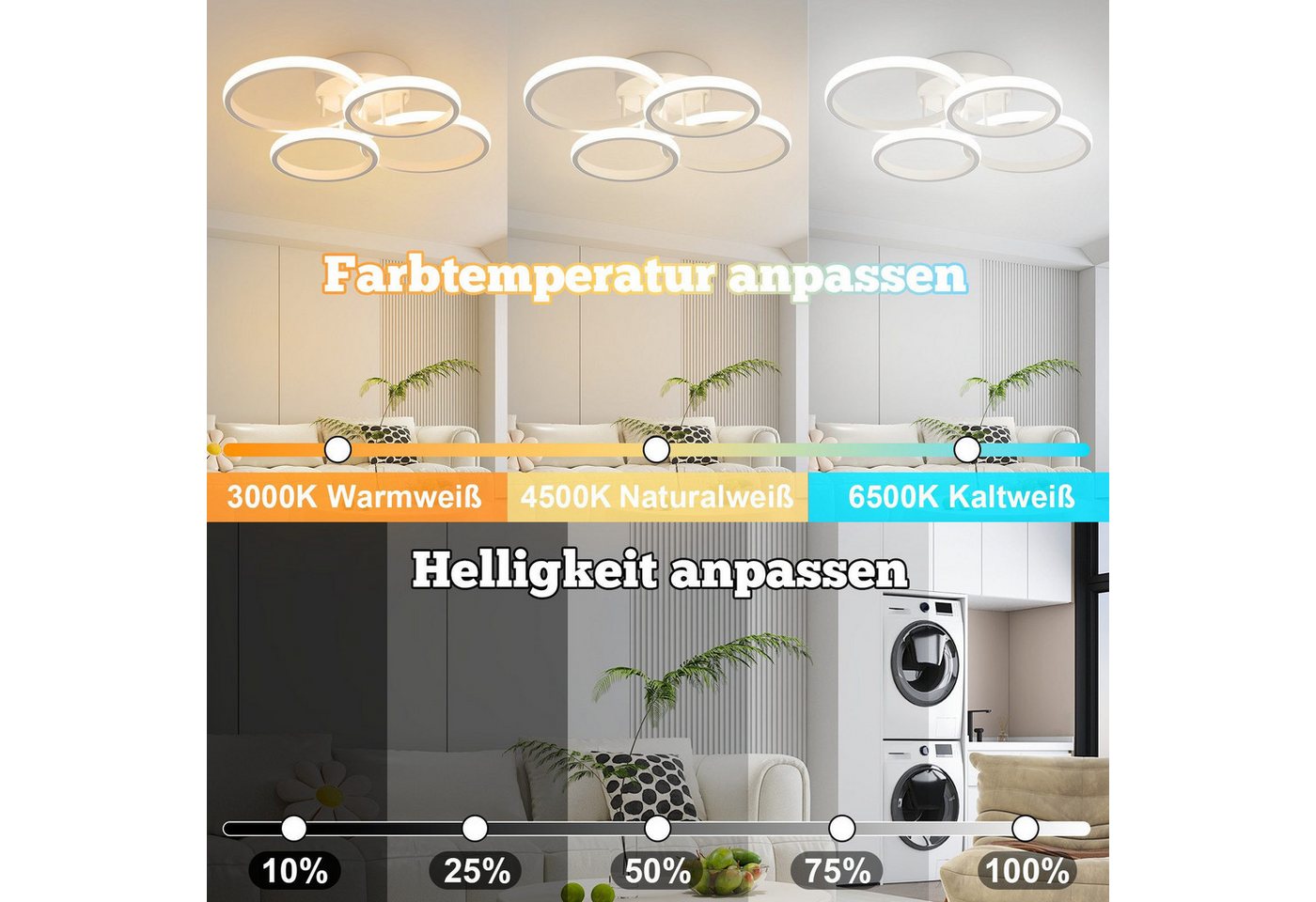 ZMH LED Deckenleuchte Deckenlampe Moderne 48W 53cm Wohnzimmer Esszimmer CCT/mit FB, LED fest integriert, warmweiß, neutralweiß, kaltweiß, LED dimmbar moderne Schlafzimmerlampe Bild 3