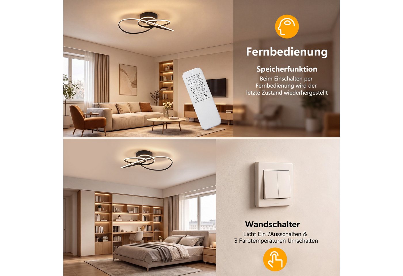 Nettlife LED Deckenleuchte Schwarz/Weiß Modern Dimmbar Deckenlampe mit Fernbedienung, LED fest integriert, warmweiß, für Schlafzimmer Wohnzimmer Küche Deckenlampe
