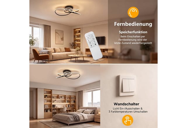 Nettlife LED Deckenleuchte Schwarz/Weiß Modern Dimmbar Deckenlampe mit Fernbedienung, LED fest integriert, warmweiß, für Schlafzimmer Wohnzimmer Küche Deckenlampe