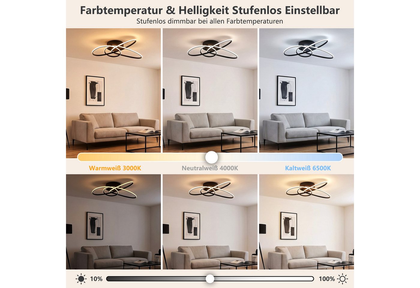 Nettlife LED Deckenleuchte Schwarz/Weiß Modern Dimmbar Deckenlampe mit Fernbedienung, LED fest integriert, warmweiß, für Schlafzimmer Wohnzimmer Küche Deckenlampe Bild 2