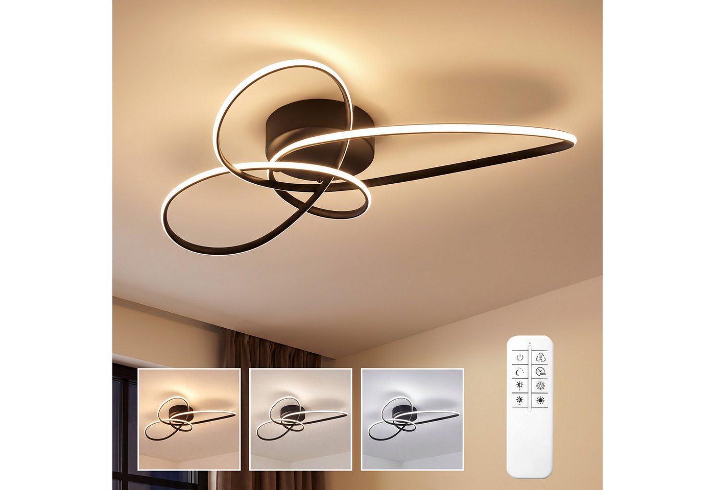 Nettlife LED Deckenleuchte Schwarz/Weiß Modern Dimmbar Deckenlampe mit Fernbedienung, LED fest integriert, warmweiß, für Schlafzimmer Wohnzimmer Küche Deckenlampe Bild 3