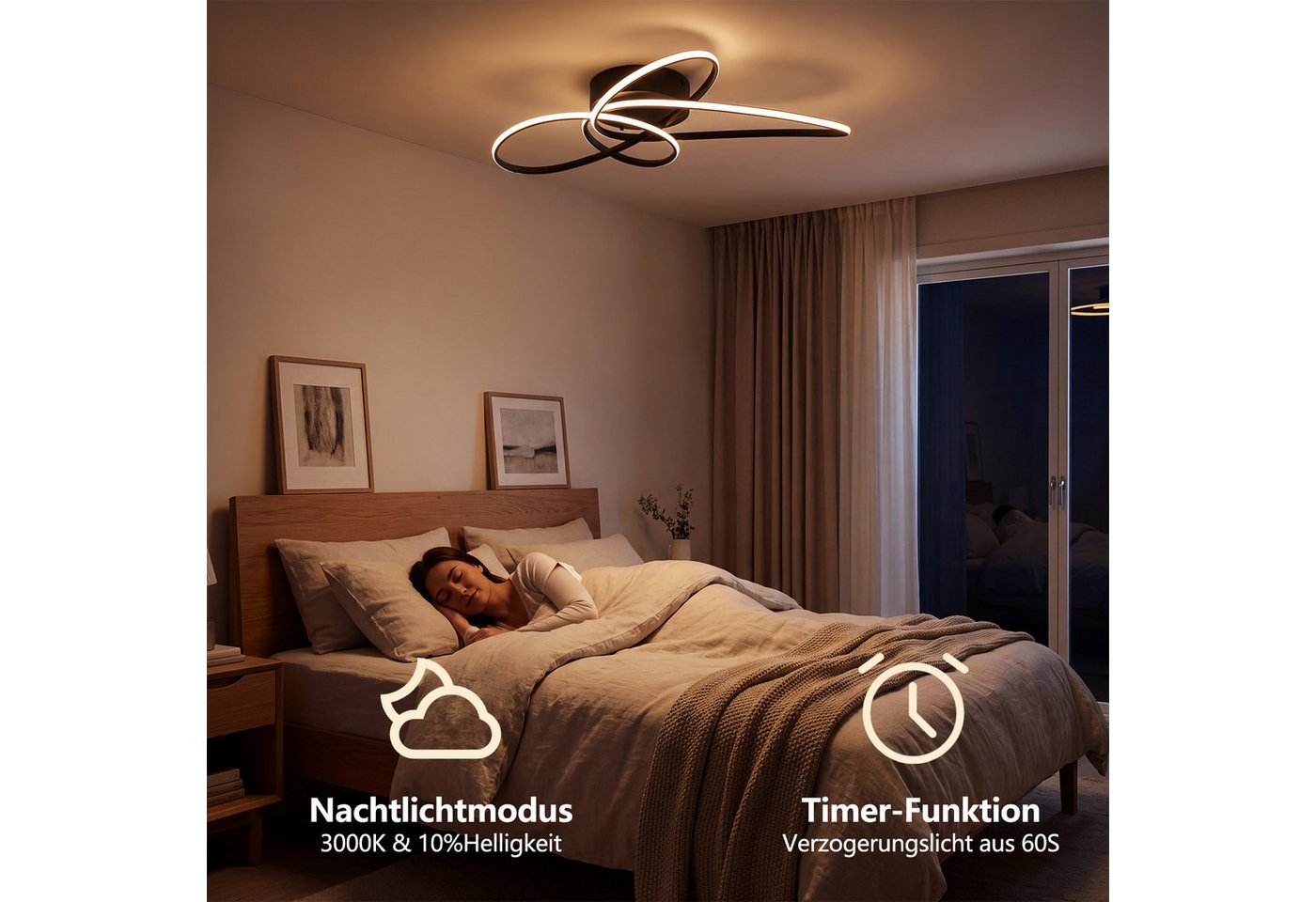 Nettlife LED Deckenleuchte Schwarz/Weiß Modern Dimmbar Deckenlampe mit Fernbedienung, LED fest integriert, warmweiß, für Schlafzimmer Wohnzimmer Küche Deckenlampe Bild 4