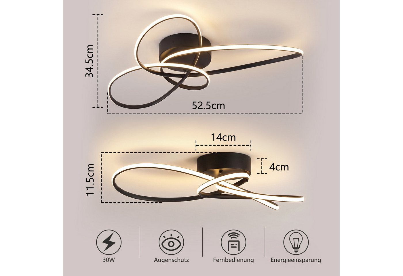 Nettlife LED Deckenleuchte Schwarz/Weiß Modern Dimmbar Deckenlampe mit Fernbedienung, LED fest integriert, warmweiß, für Schlafzimmer Wohnzimmer Küche Deckenlampe Bild 5