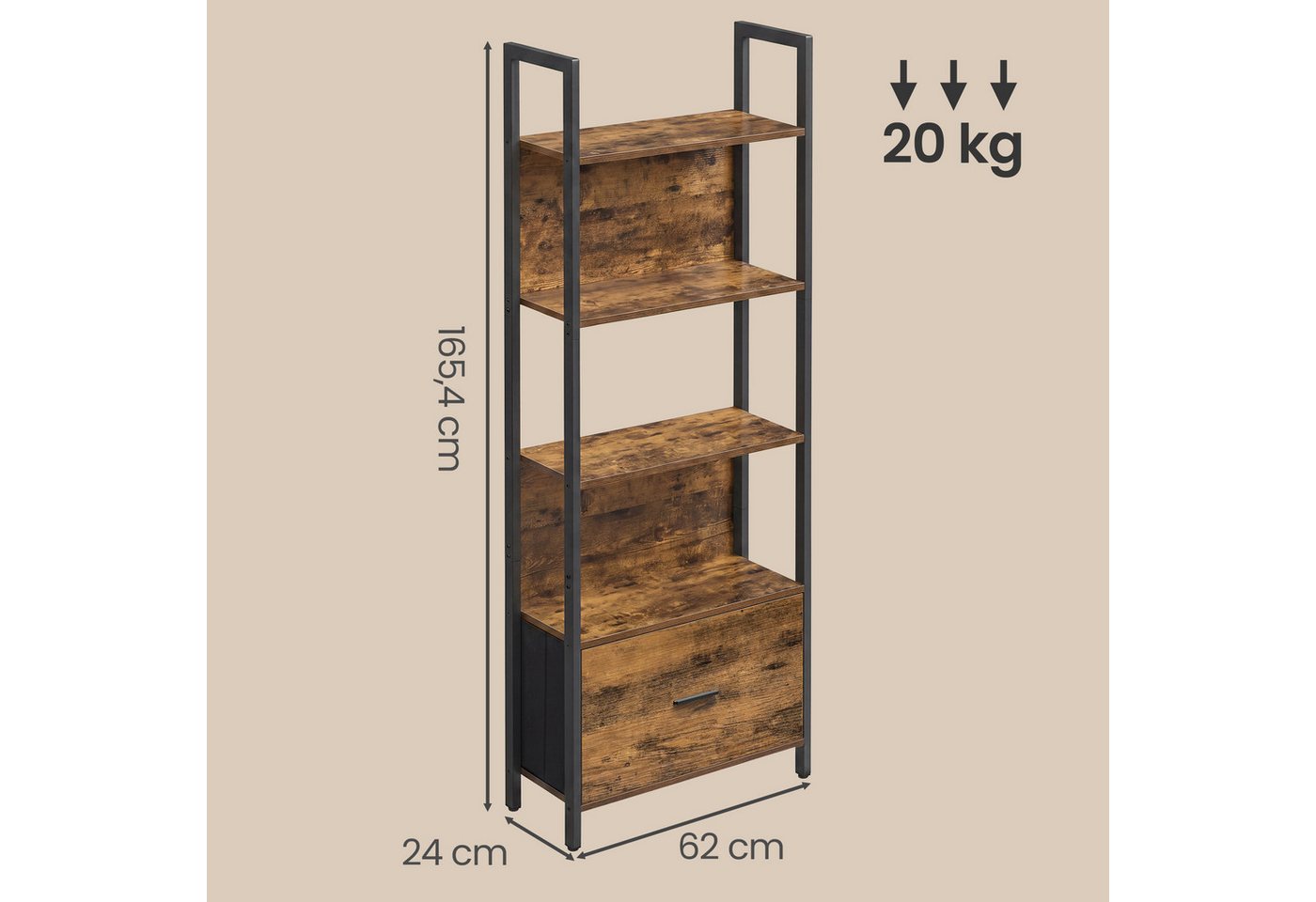 VASAGLE Bücherregal Küchenregal, Standregal, Flur, Küche, Büro, stabiles Stahlgestell, Leiterregal, Industrial-Design, mit Stahlrahmen, 24 x 60 x 165 cm
