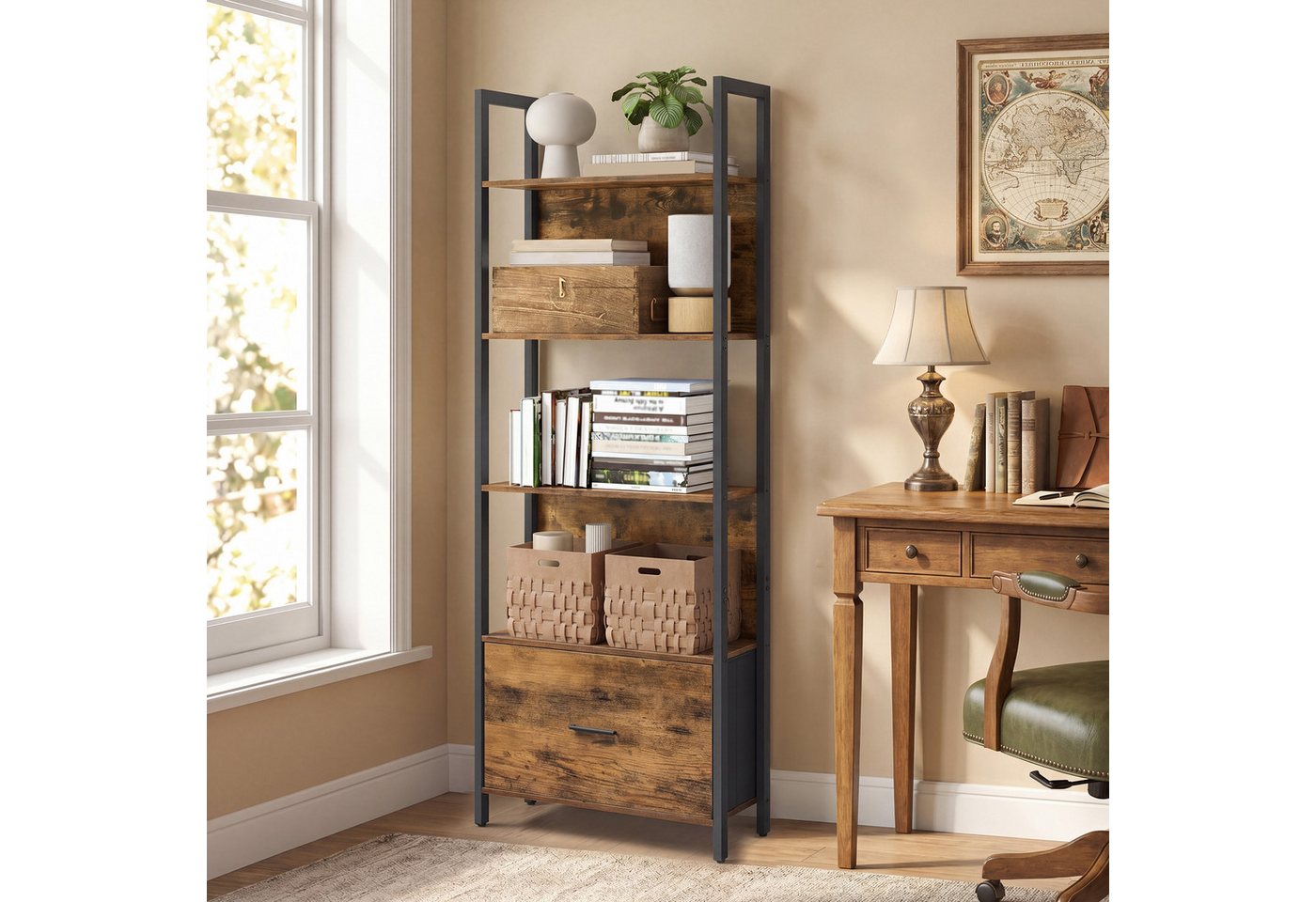 VASAGLE Bücherregal Küchenregal, Standregal, Flur, Küche, Büro, stabiles Stahlgestell, Leiterregal, Industrial-Design, mit Stahlrahmen, 24 x 60 x 165 cm Bild 2