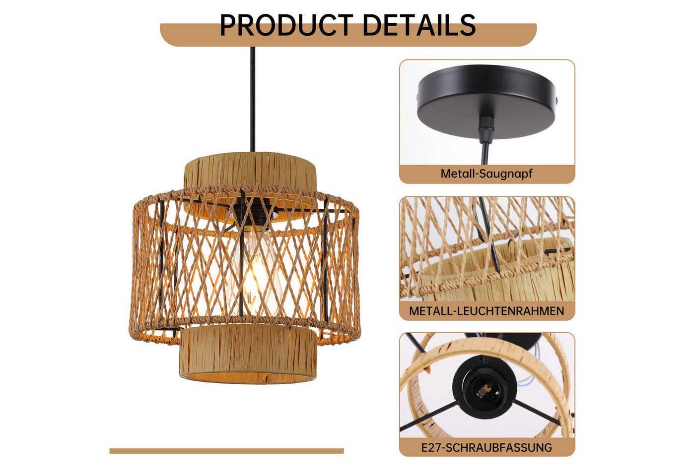 JDONG Pendelleuchte esstisch lampenschirm Hängelampe Ø26cm E27, ohne Leuchtmittel, Beige Papierflechten Beleuchtung Dekoration,schlafzimmerlampe, Vintage,Dekorative Möbel,Für,Wohnzimmer,Esszimmer,Flur
