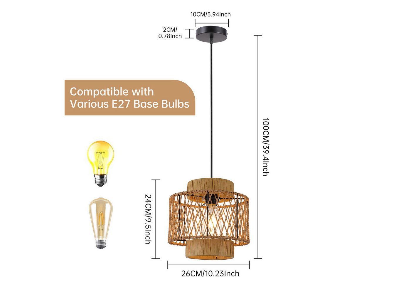 JDONG Pendelleuchte esstisch lampenschirm Hängelampe Ø26cm E27, ohne Leuchtmittel, Beige Papierflechten Beleuchtung Dekoration,schlafzimmerlampe, Vintage,Dekorative Möbel,Für,Wohnzimmer,Esszimmer,Flur Bild 4