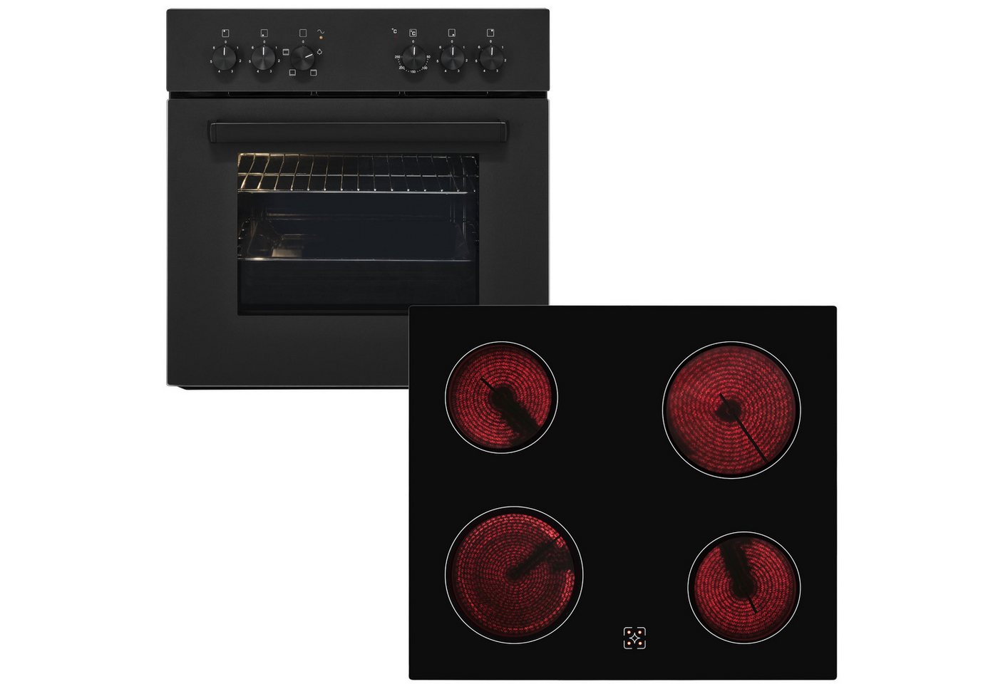 exquisit Backofen-Set EHE346-120 Set mattschwarz, Ober&Unterhitze mit 4-Zonen-Glaskeramikkochfeld – einfach & sicher!