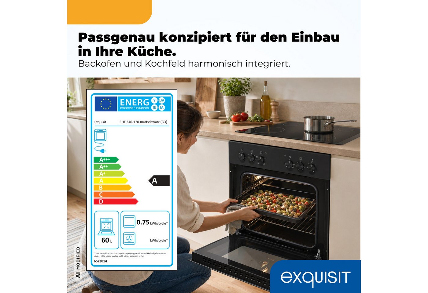 exquisit Backofen-Set EHE346-120 Set mattschwarz, Ober&Unterhitze mit 4-Zonen-Glaskeramikkochfeld – einfach & sicher! Bild 2