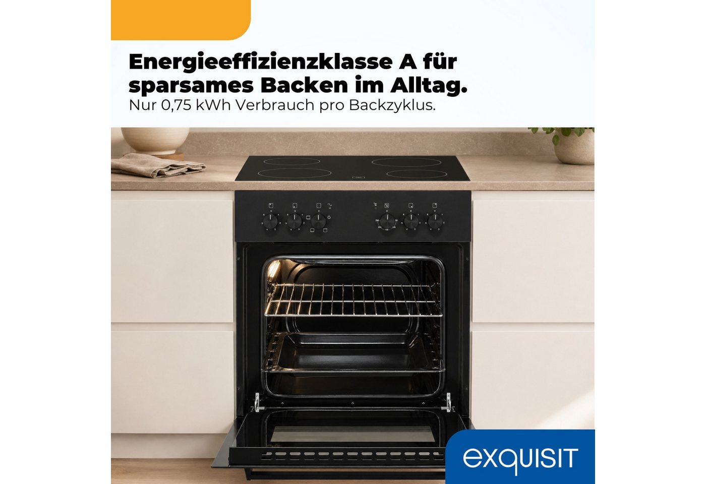 exquisit Backofen-Set EHE346-120 Set mattschwarz, Ober&Unterhitze mit 4-Zonen-Glaskeramikkochfeld – einfach & sicher! Bild 3