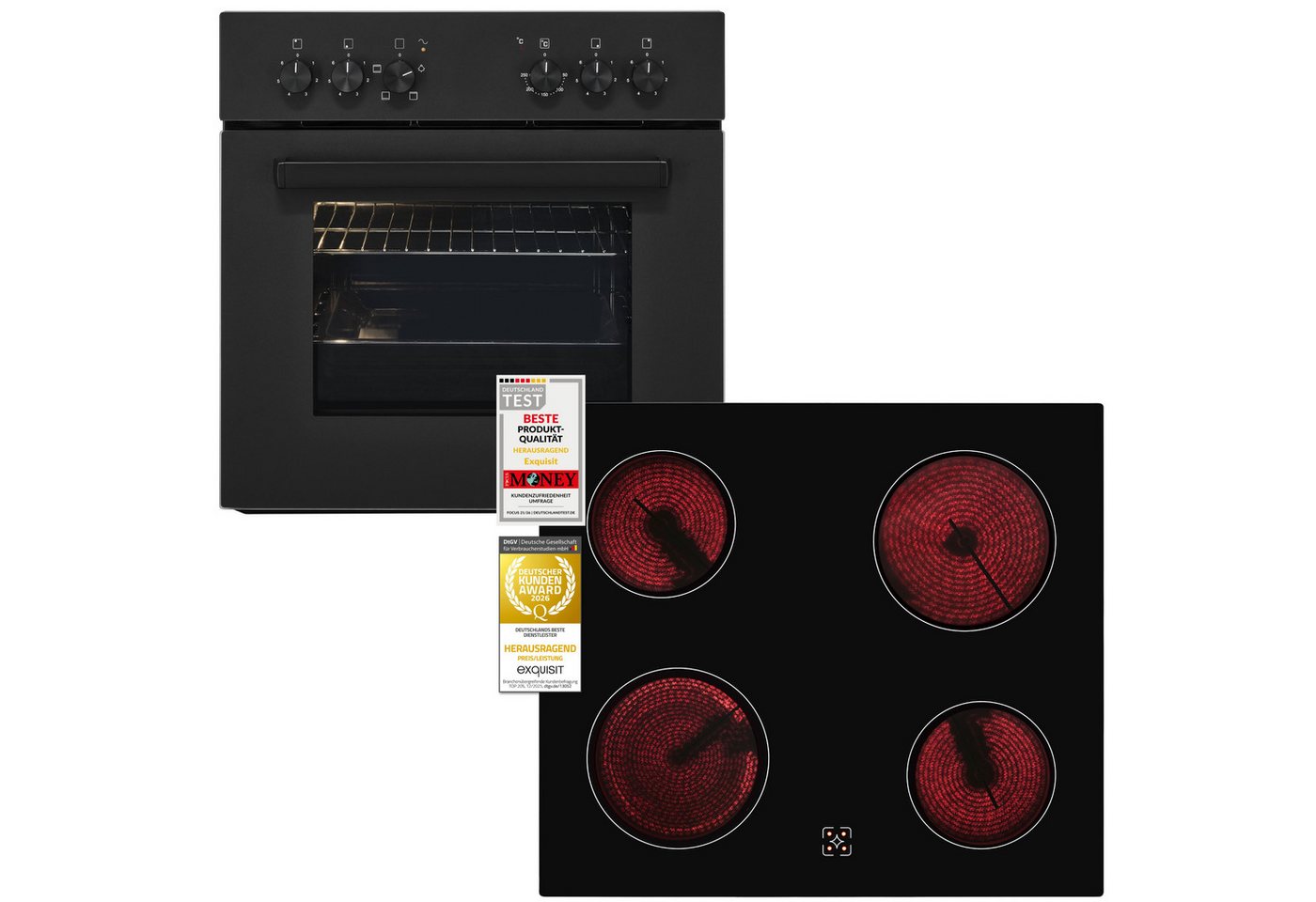 exquisit Backofen-Set EHE346-120 Set mattschwarz, Ober&Unterhitze mit 4-Zonen-Glaskeramikkochfeld – einfach & sicher! Bild 5