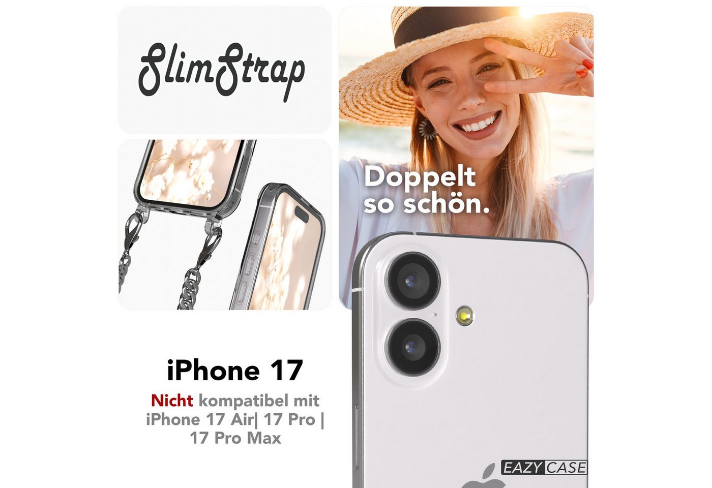 EAZY CASE Handykette 2in1 Metallkette MagSafe Hülle für iPhone 17 6,3 Zoll, Hülle mit Band Silikon Handytasche durchsichtig Chain Slimcover Silber