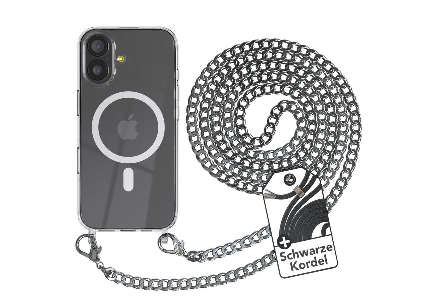 EAZY CASE Handykette 2in1 Metallkette MagSafe Hülle für iPhone 17 6,3 Zoll, Hülle mit Band Silikon Handytasche durchsichtig Chain Slimcover Silber Bild 2