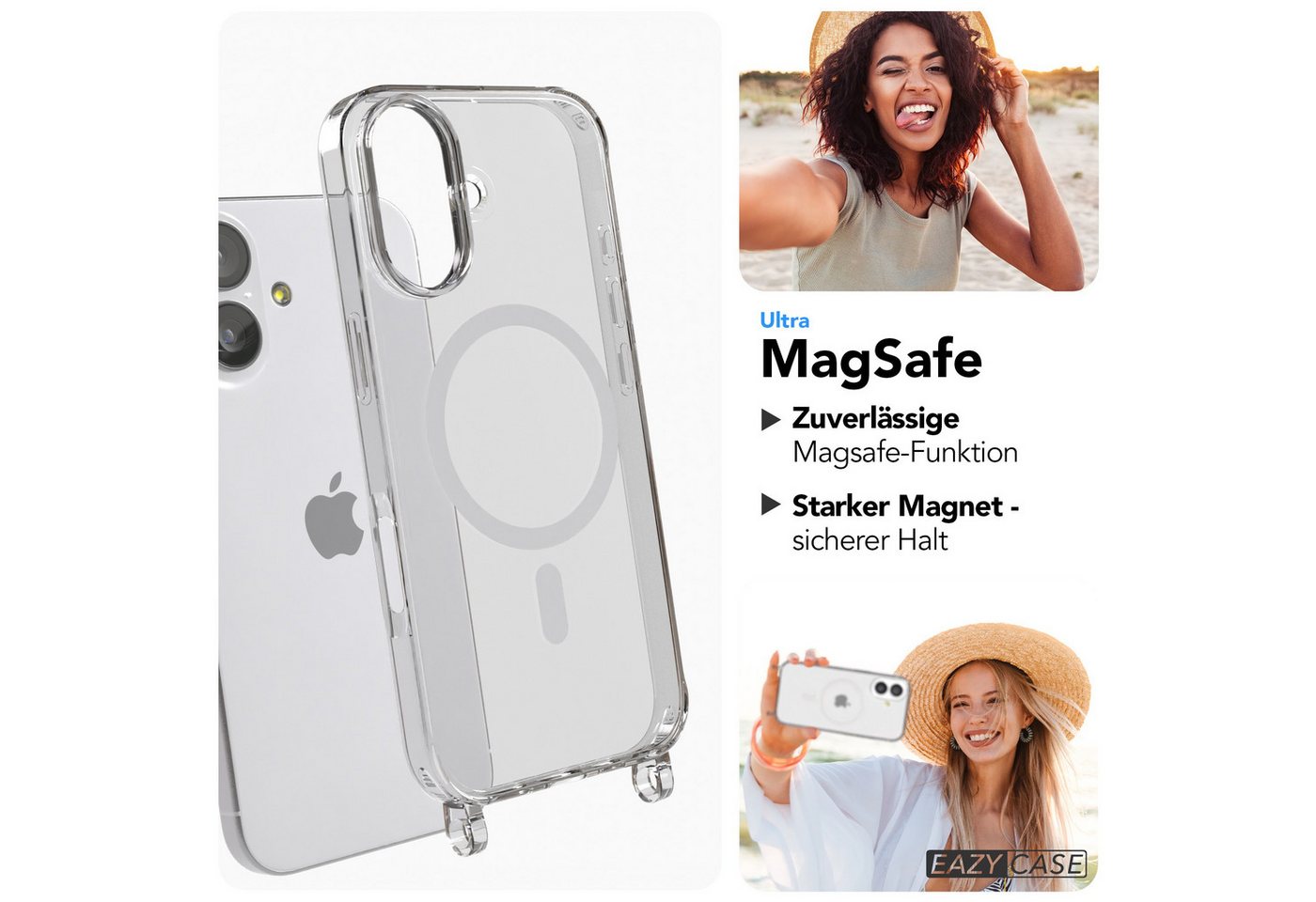 EAZY CASE Handykette 2in1 Metallkette MagSafe Hülle für iPhone 17 6,3 Zoll, Hülle mit Band Silikon Handytasche durchsichtig Chain Slimcover Silber Bild 5