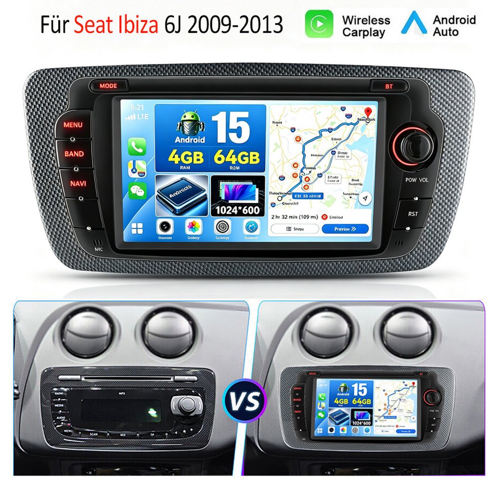 ESSGOO DAB+ 64G Android 15 Für Seat Ibiza IV 6J 2009-13 GPS Navi RDS Carplay Autoradio (RDS, 4+64GB(optional), DAB (optional), FM, AM, DAB+ (optional), Apple Carplay & Android Auto,2+64GB(optional),EQ SWC,DBA)