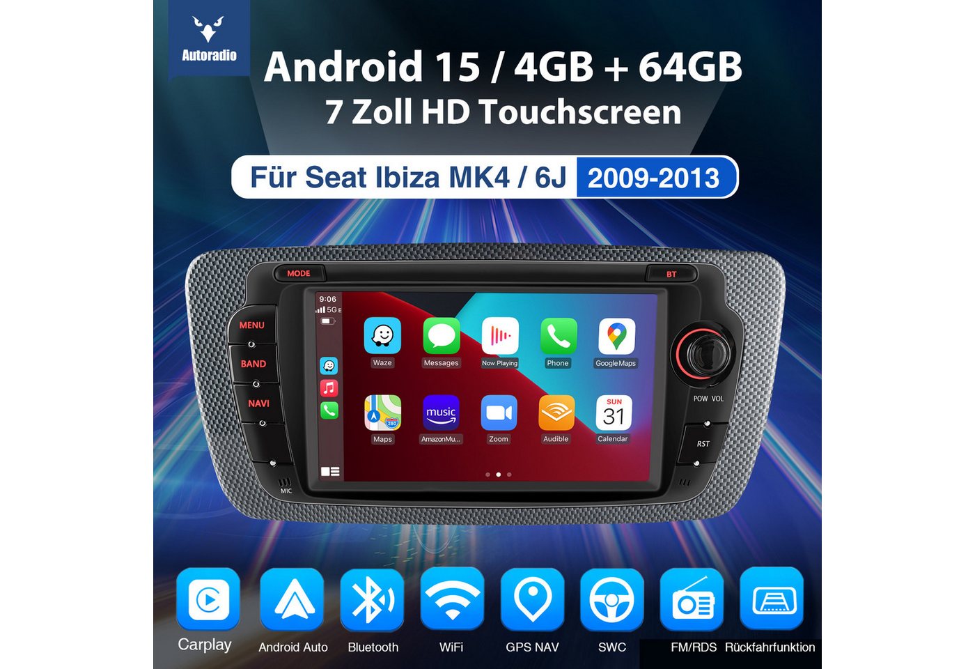ESSGOO DAB+ 64G Android 15 Für Seat Ibiza IV 6J 2009-13 GPS Navi RDS Carplay Autoradio (RDS, 4+64GB(optional), DAB (optional), FM, AM, DAB+ (optional), Apple Carplay & Android Auto,2+64GB(optional),EQ SWC,DBA) Bild 3
