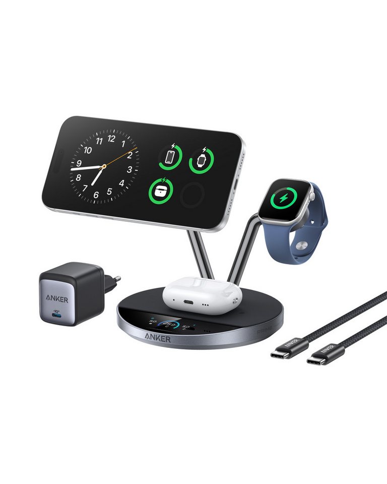 Anker Anker Prime 3-in-1 Ladestation Qi2 25W Smart Display&TEC-Aktivkühlung Induktions-Ladegerät (Set, 3-in-1 Kabellose Ladestatio, 65W GaN-Netzteil, 1,5m USB-C Kabel, MagSafe-kompatibles kabelloses Ladegerät) Bild 2