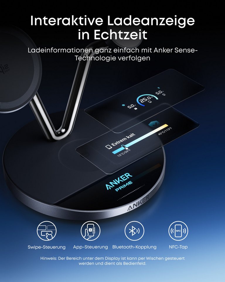 Anker Anker Prime 3-in-1 Ladestation Qi2 25W Smart Display&TEC-Aktivkühlung Induktions-Ladegerät (Set, 3-in-1 Kabellose Ladestatio, 65W GaN-Netzteil, 1,5m USB-C Kabel, MagSafe-kompatibles kabelloses Ladegerät) Bild 3