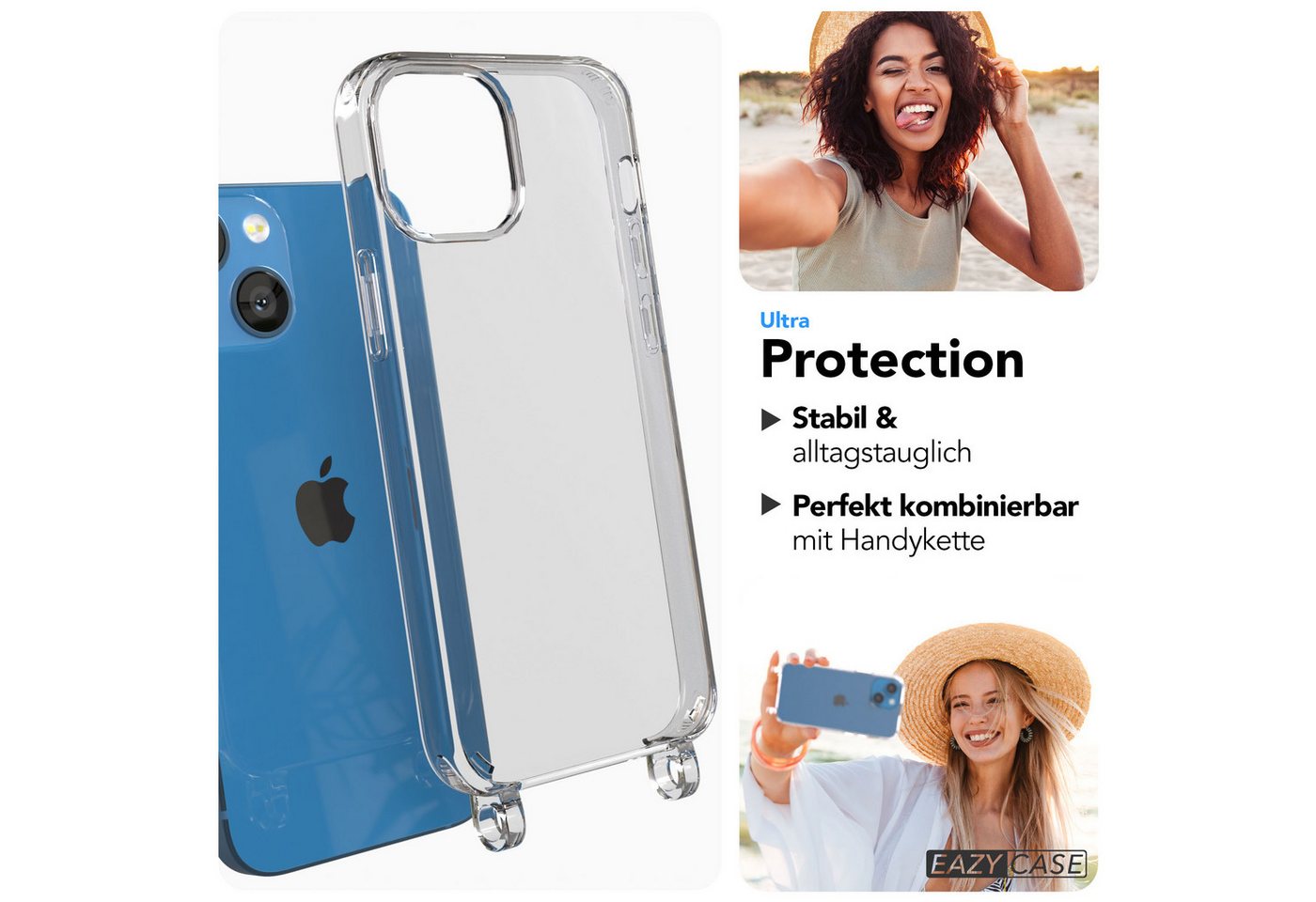 EAZY CASE Handykette Handyhülle für Handyketten mit Befestigungsösen für iPhone Modelle 5,4 Zoll, Hülle für Handykette, Transparent mit Ösen für Apple iPhone 13 Mini